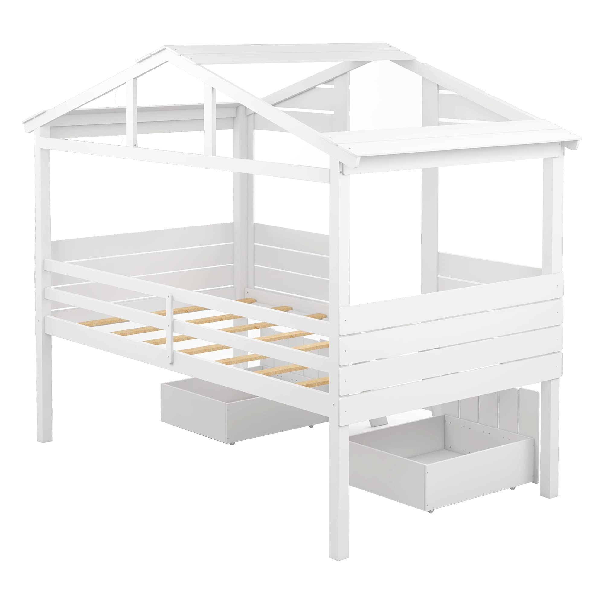 Twin Low Loft Bed with 2 Drawers - House-Shaped Wooden Bed Frame with Roof, Window & Short Ladder - No Box Spring Needed - Perfect for Kids, Boys & Girls Bedroom (White) - Space-Saving Solution for Small Rooms & Playful Sleepovers