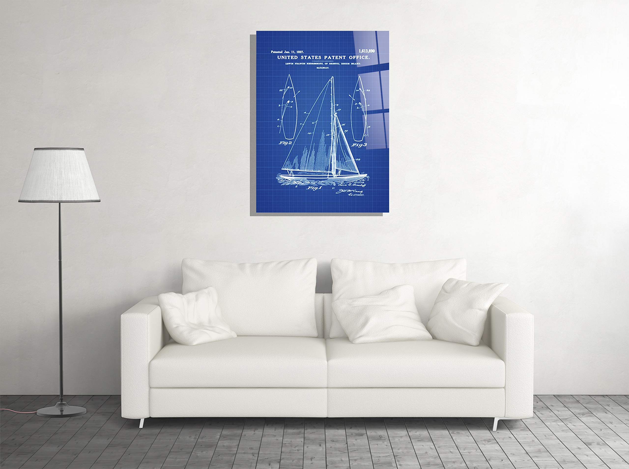 Sailboat Blueprint Glass Wall Art - Nautical Home Decor Gift for Living Room, Office & Boat Enthusiasts