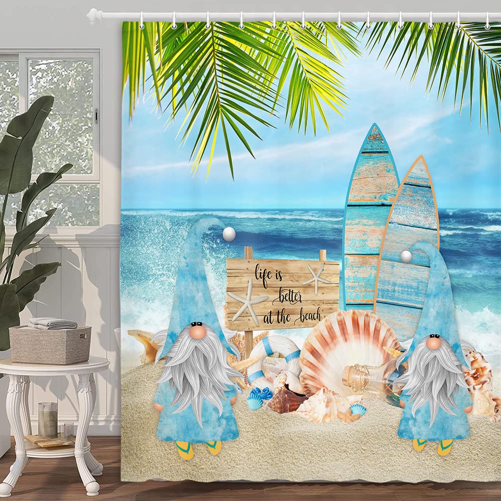 Fun Tropical Beach Shower Curtain with Surfing Gnomes - 70x70 Inch Blue Ocean Seaside Bathroom Decor for Kids & Adults - Perfect for Coastal, Vacation & Summer Themed Bathrooms