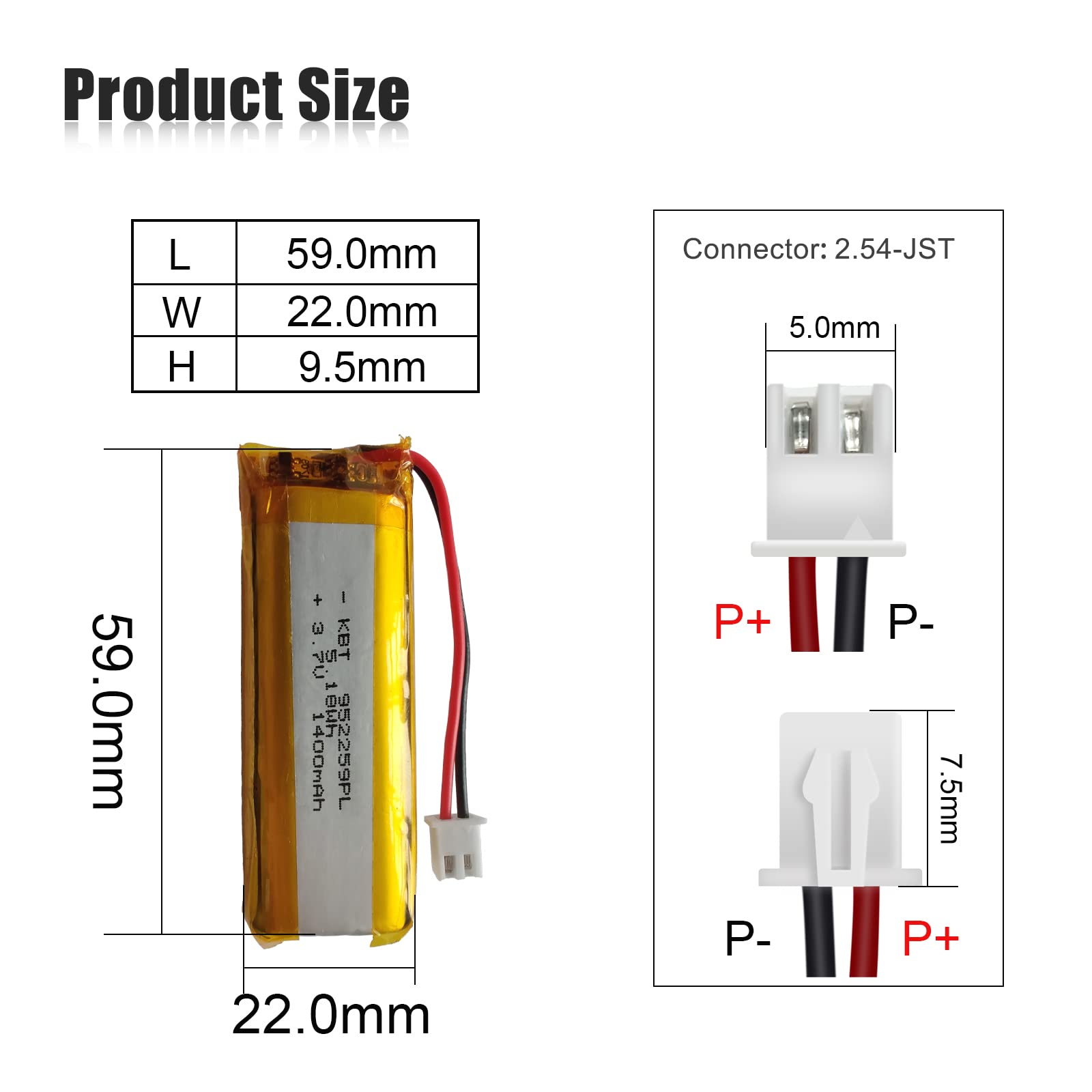 KBT 3.7V 1400mAh Li-Polymer Rechargeable Battery with JST 2.54 Connector - Replacement Battery for Digital Cameras, Drones, LED Lights, Toys & DIY Electronics - Perfect for Photography, RC Models, Night Lights & Science Experiments