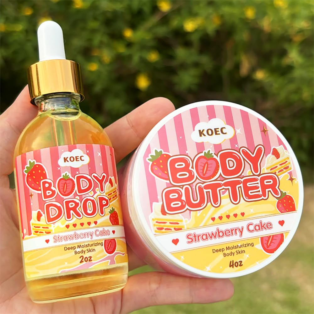 KOEC Strawberry Cake Scented Body Butter & Body Oil Set - 2 oz Nourishing Oil & 4 oz Hydrating Cream for Dry Skin | Perfect for Gift, Spa Day & Self-Care Routine