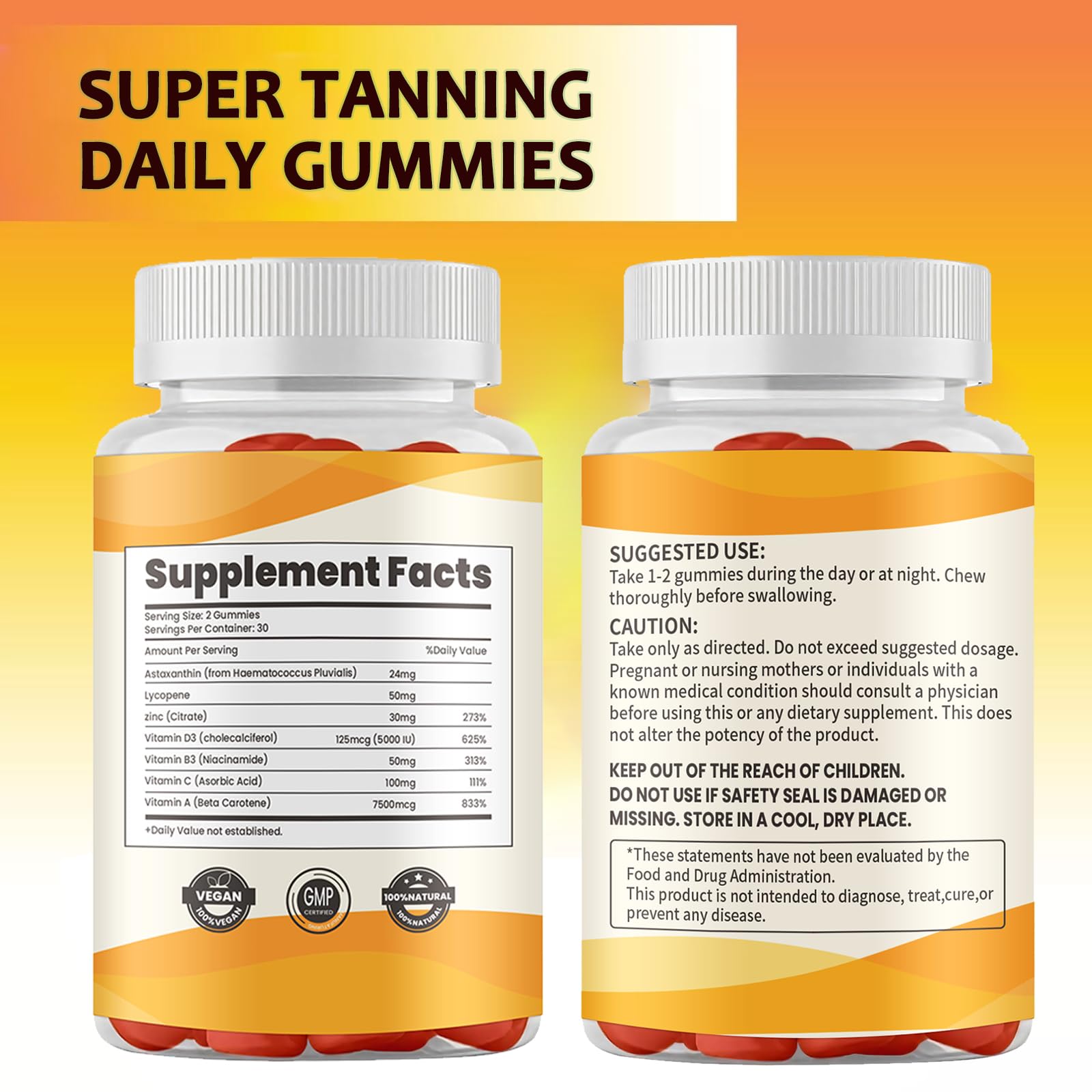 Super Tanning Gummies with Astaxanthin, Vitamin C & Turmeric - Natural Skin Glow Supplement for Healthy Tan (60 Count) | Sunless Tanning Boost for Beach & Summer Vacation Prep