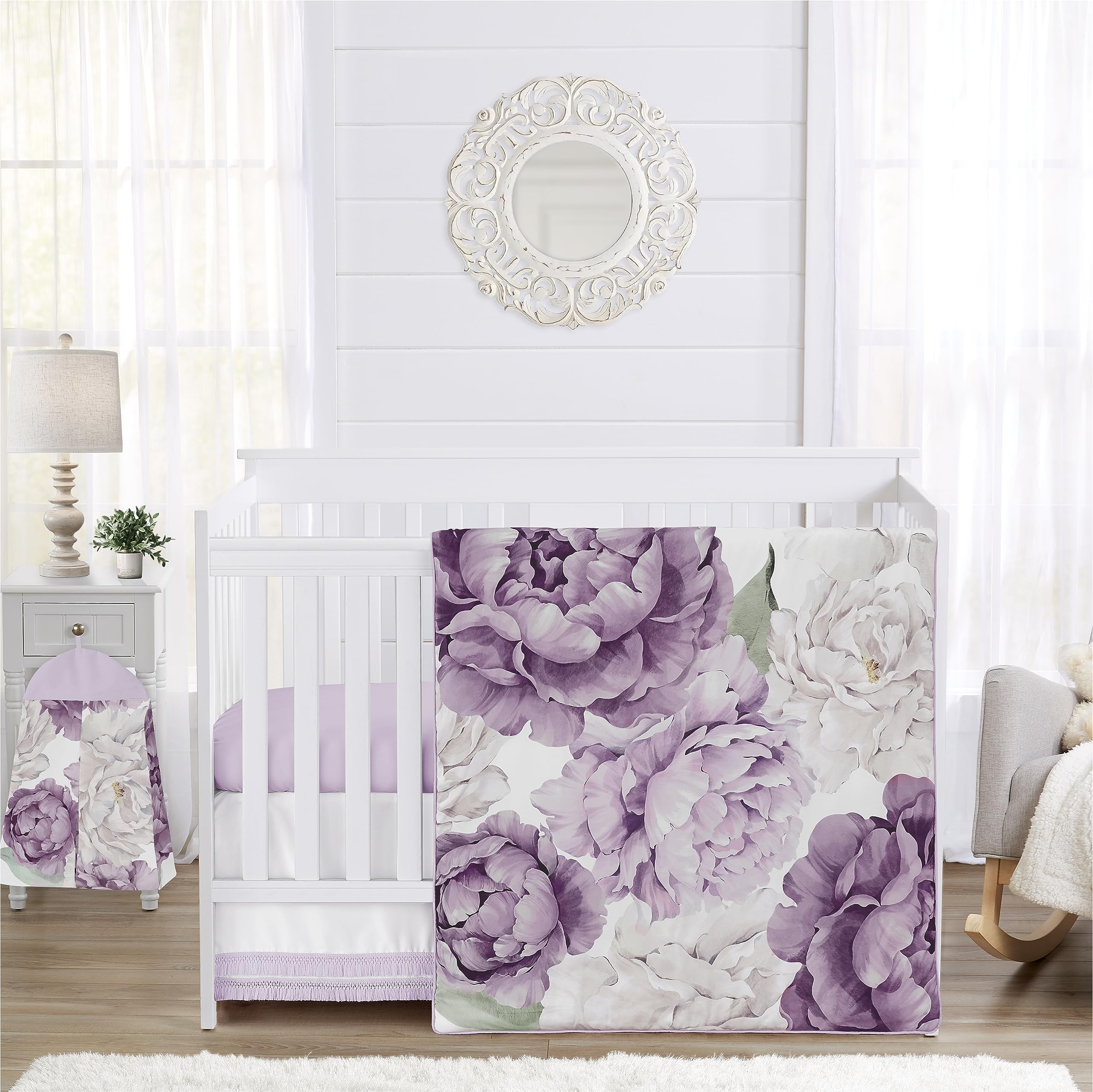 Sweet Jojo Designs 4-Piece Baby Crib Bedding Set - Purple Lavender Boho Floral Nursery Set for Girls, Includes Blanket, Fitted Sheet, Crib Skirt & Diaper Stacker (Vintage, Elegant, Shabby Chic, Wildflower) | Perfect for Newborn Nursery Decor & Baby Shower Gifts