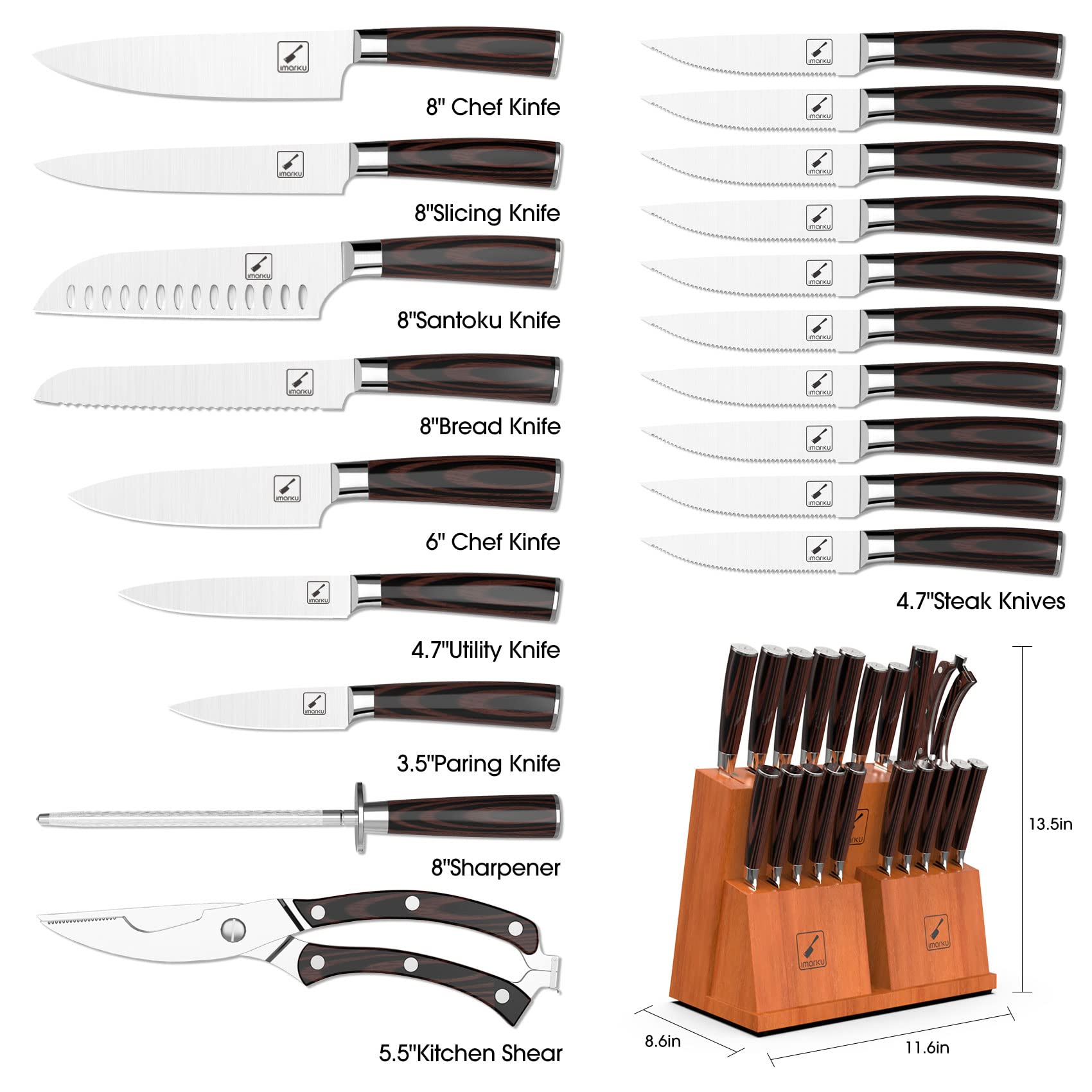 Premium 20-Piece Japanese High Carbon Steel Kitchen Knife Set with Wooden Block & Steak Knives - Professional Chef Knives for Cooking, Slicing, Chopping - Perfect Gift for Home Chefs & Culinary Enthusiasts
