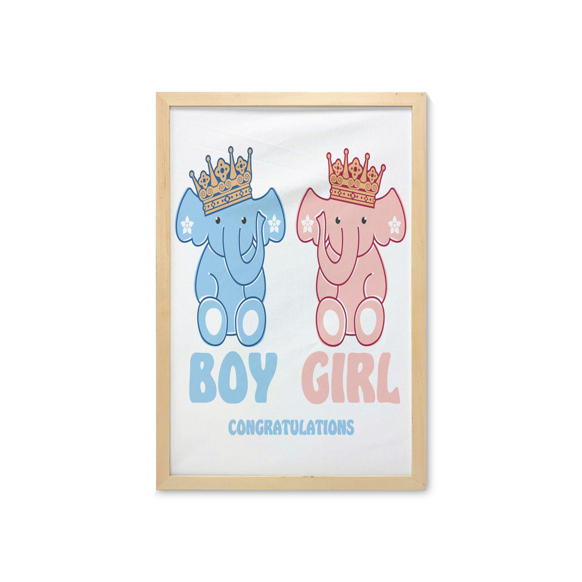 Ambesonne Gender Reveal Wall Art with Frame - Boy & Girl Twin Elephants with Crowns, Printed Fabric Poster for Nursery, Baby Shower, Living Room, Bathroom, Dorm - 23