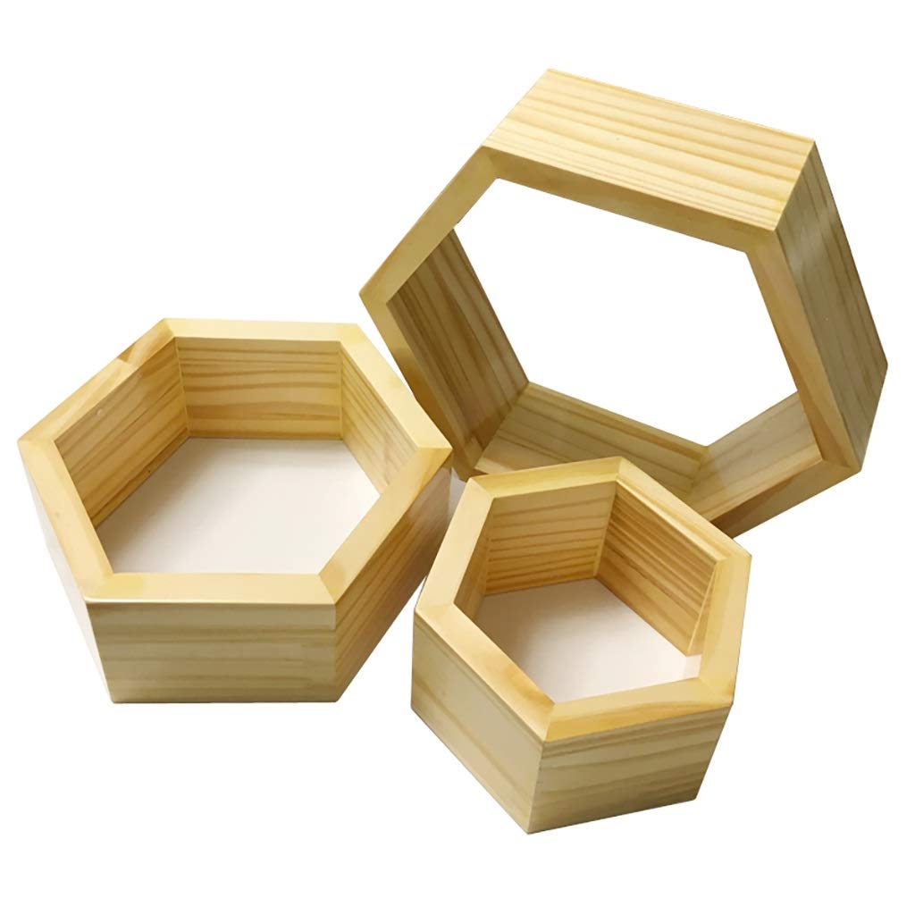 Hexagonal Solid Wood Wall Shelf Set of 3 - DIY Hanging Bookshelf for Bedroom & Living Room - Space Saving Wall Storage for Books, Decor & Room Partition