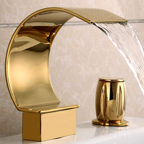 Elegant Waterfall Double Handle Widespread Bathroom Sink Faucet with Arc Spout - Gold Finish for Modern Bathroom & Vanity Decor | Perfect for Master Bath, Guest Bath, and Luxury Home Renovation