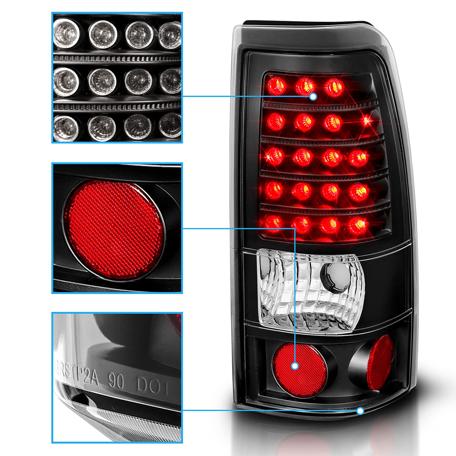 AmeriLite Black LED Replacement Brake Tail Lights Set for 1999-2002 Chevy Silverado & 1999-2006 GMC Sierra - Left & Right Side - Durable, Bright LED Lights for Enhanced Safety - Perfect for Night Driving, Off-Roading, and Towing
