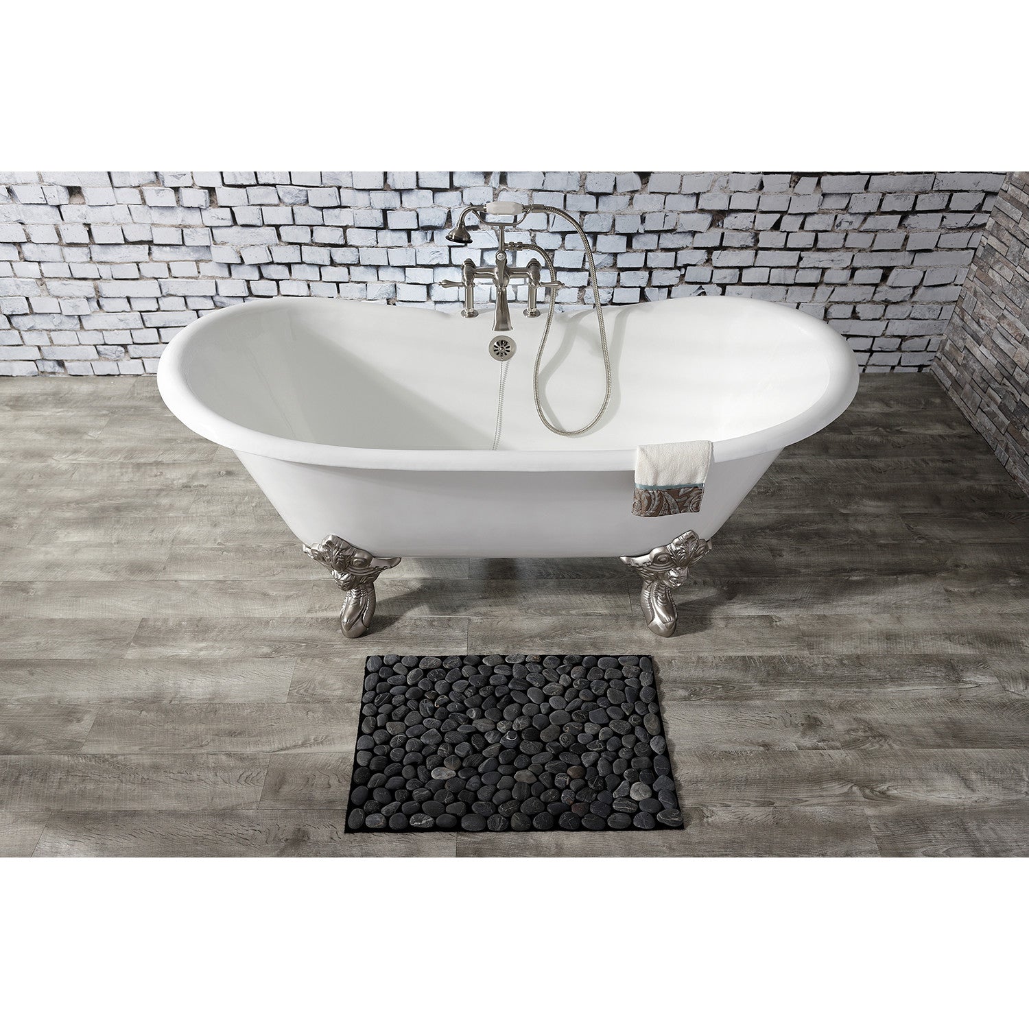 Aqua Eden 67 Inch White Cast Iron Clawfoot Bathtub with Brushed Nickel Faucet - Vintage Oval Double Slipper Tub for Luxury Bathroom & Spa Relaxation