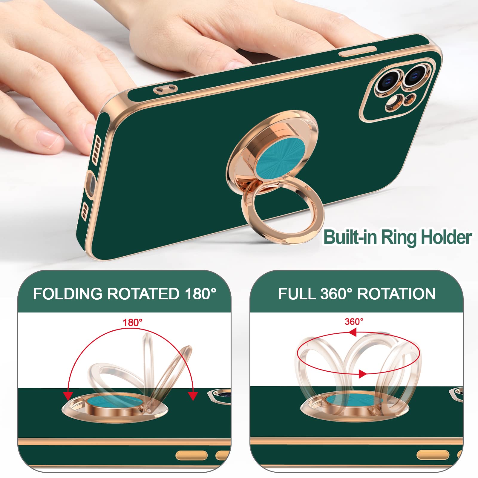 Hython Magnetic Ring Stand Phone Case for iPhone 12 - 360° Rotatable Kickstand, Shockproof Protection with Soft Microfiber Lining & Rose Gold Edge (Midnight Green) | Perfect for Hands-Free Viewing, Workouts, and Travel