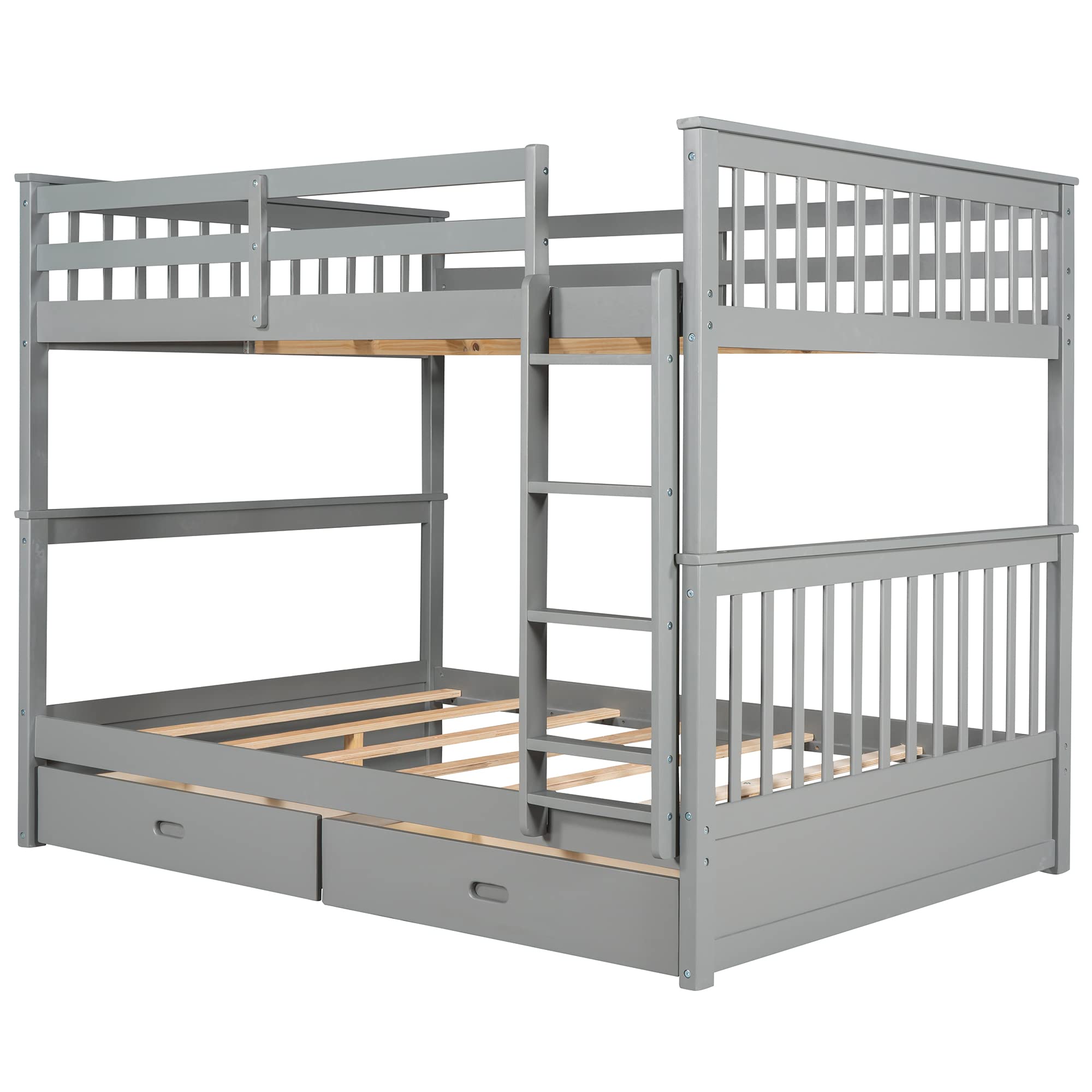 P PURLOVE Full Over Full Bunk Bed with 2 Storage Drawers - Convertible Wood Bunk Bed Frame with Ladder - Splits into 2 Twin Beds for Teens, Kids, Boys & Girls - No Box Spring Needed (Gray) - Perfect for Small Bedrooms, Dorms & Shared Kids Rooms