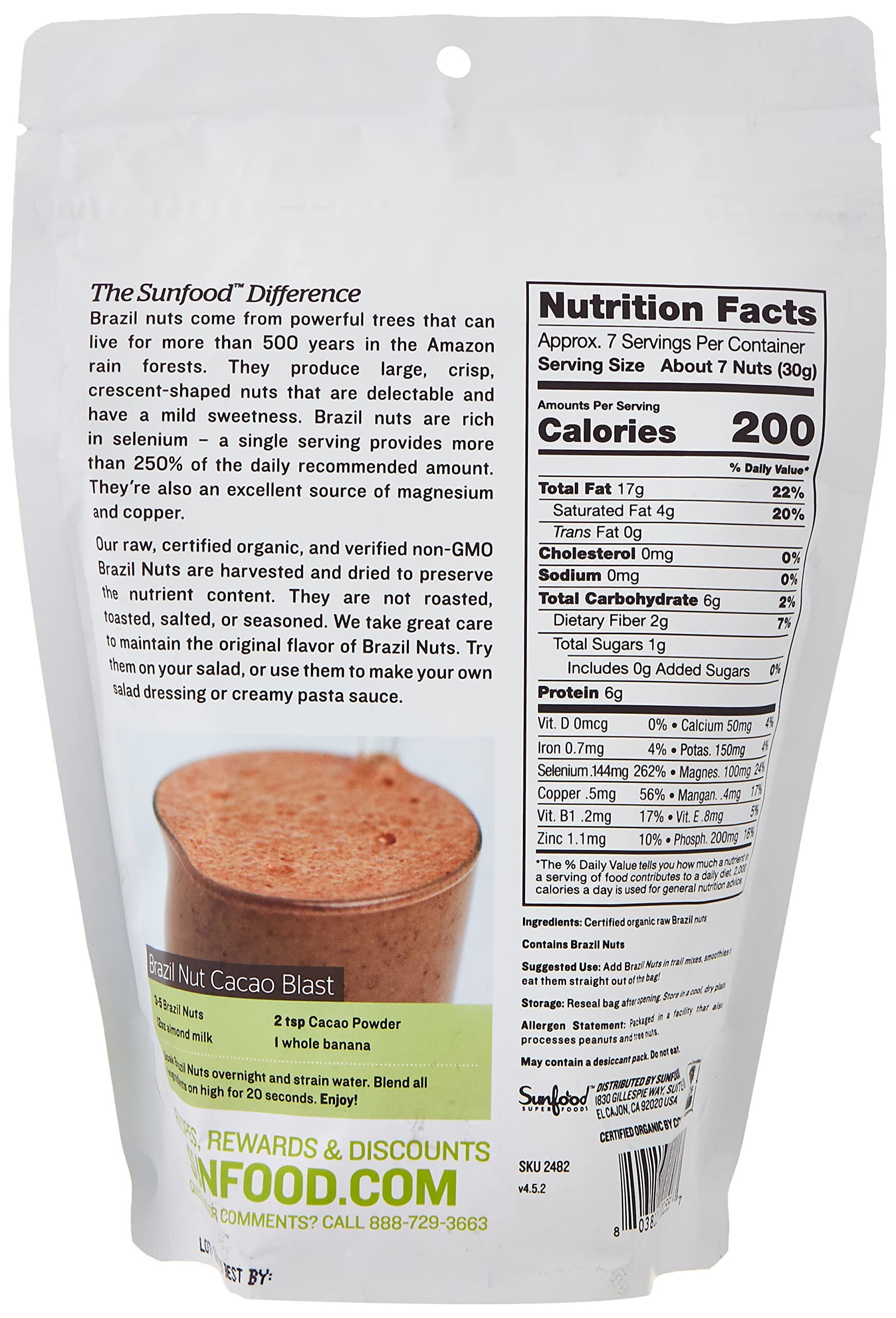 Organic Raw Brazil Nuts by Sunfood Superfoods - USDA Certified, Non-GMO, Vegan, Protein-Rich Snack (8 oz Bag) - Perfect for Healthy Snacking, Baking & Smoothie Bowls