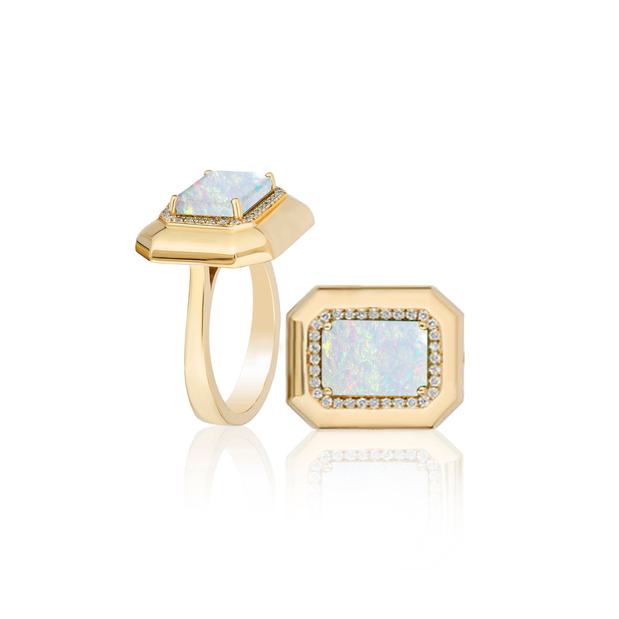 Goshwara Emerald Cut Opal & Diamond 18K Gold Ring for Women | Elegant Wedding, Engagement & Anniversary Jewelry Gift