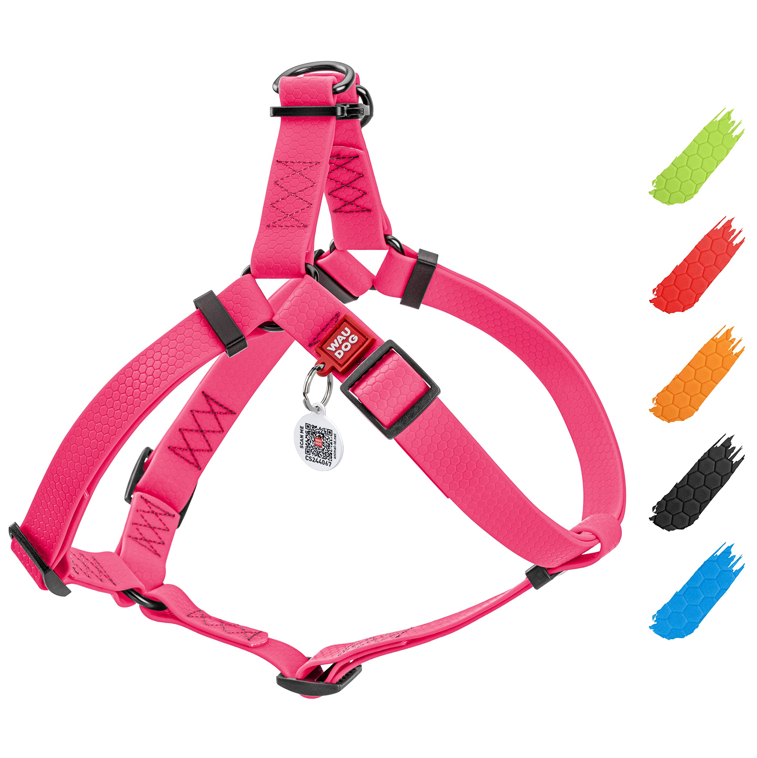 WAUDOG Waterproof Dog Harness - Adjustable Reflective Pet Vest for Large, Medium & Small Dogs - Heavy Duty Outdoor Harness with Durable Metal Buckle & QR ID Tag - Pink (16-22in) for Hiking, Running & Daily Walks
