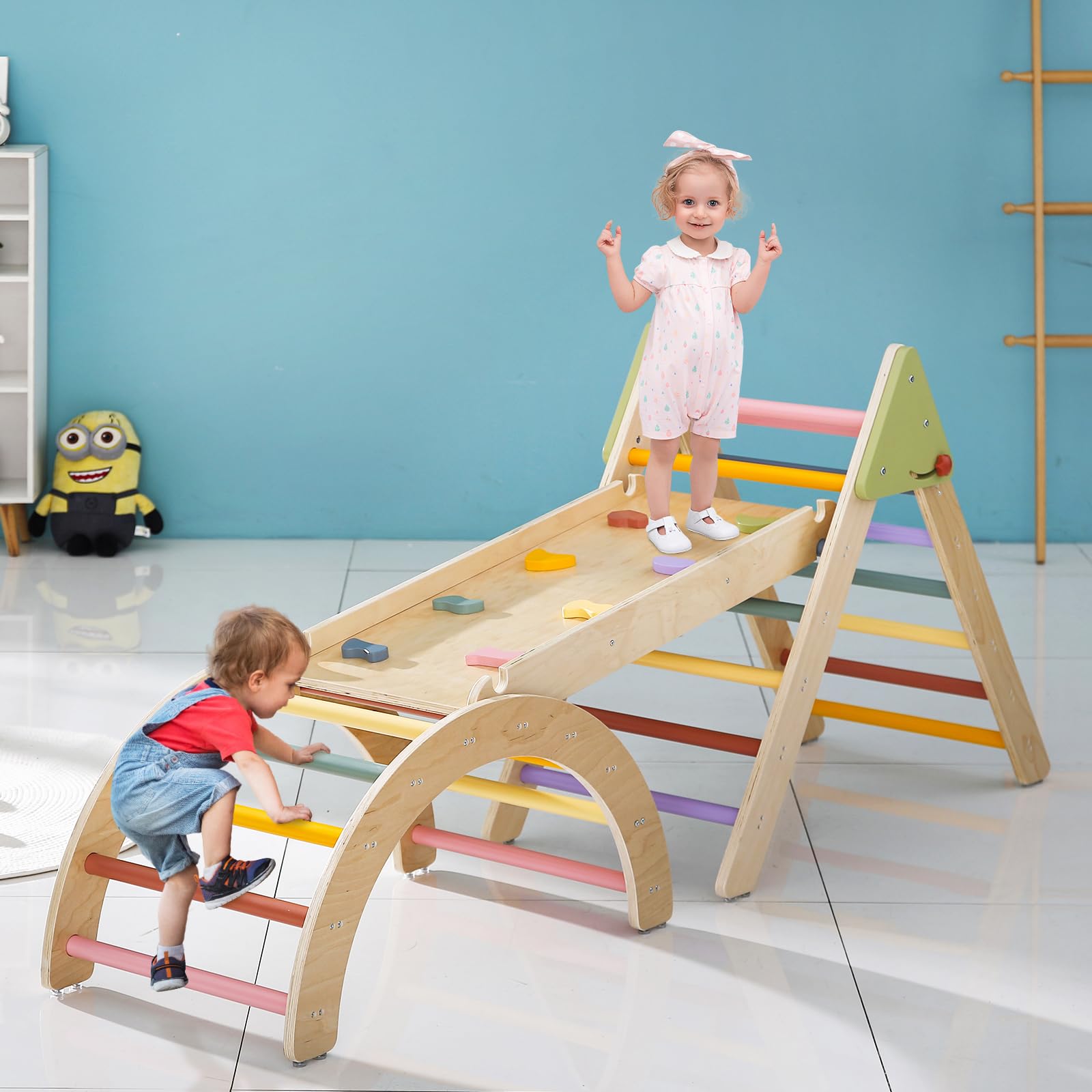 Pikler Triangle Set 7-in-1 Wooden Climbing Toys for Toddlers 1-3 Years | Foldable Montessori Baby Gym with Arch, Ramp & Ladder | Indoor Jungle Climber for Kids' Physical Development & Playroom Activities