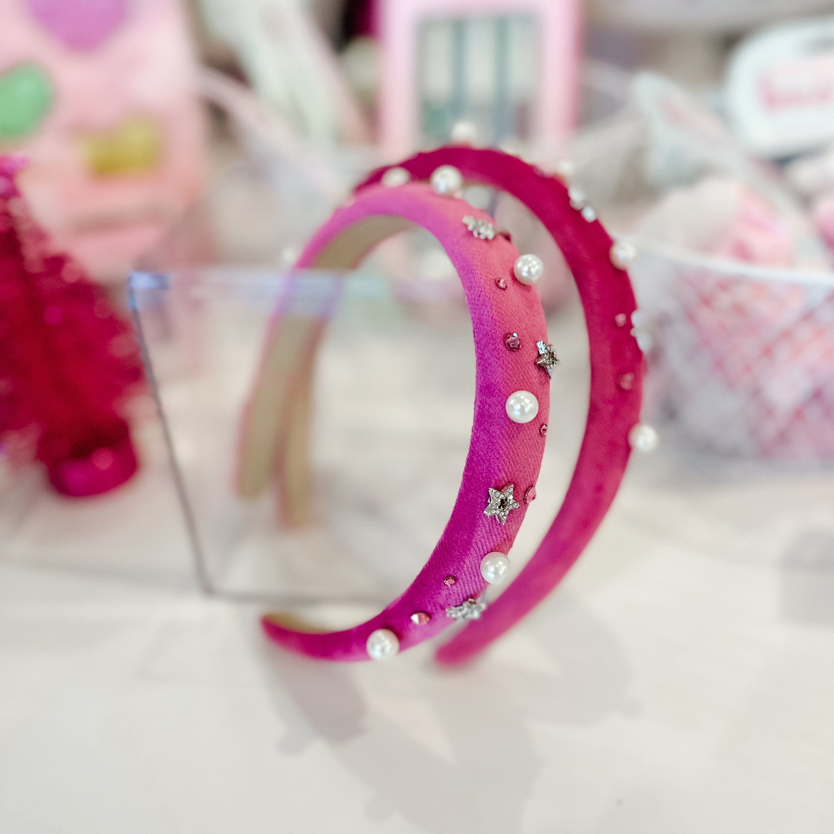 Bari Lynn Pink Thin Velvet Pearl & Star Headband - Elegant Hair Accessory for Women & Girls | Perfect for Weddings, Parties & Special Occasions