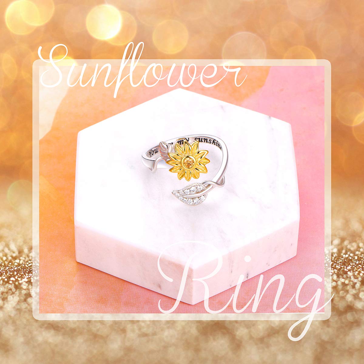 DAOCHONG Sterling Silver Sunflower Ring - You Are My Sunshine CZ Ring with 100 Languages 'I Love You' Stone | Anxiety Relief Fidget Spinner Jewelry | Perfect for Gifts, Weddings & Everyday Wear