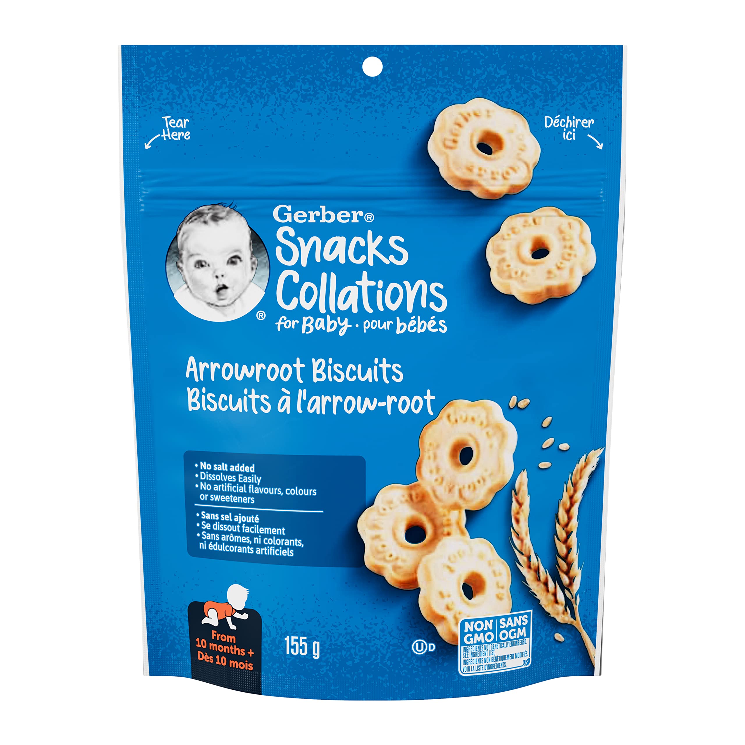 GERBER Arrowroot Baby Biscuits - Healthy Snacks for Babies 10+ Months - 155g (4 Pack) - Perfect for Teething, On-the-Go & First Finger Foods