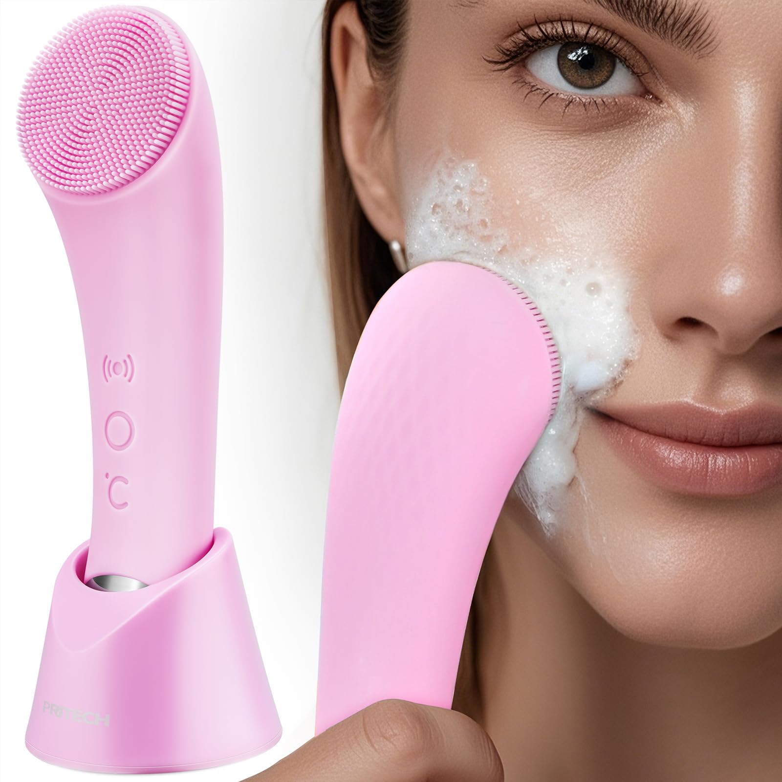 Rechargeable Silicone Face Scrubber with Heat Massage - Electric Facial Cleansing Brush for Deep Exfoliation & Pore Cleansing - Waterproof Vibrating Face Scrubber for Women & Men (Pink) | Perfect for Daily Skincare Routine, Travel & Spa Treatments