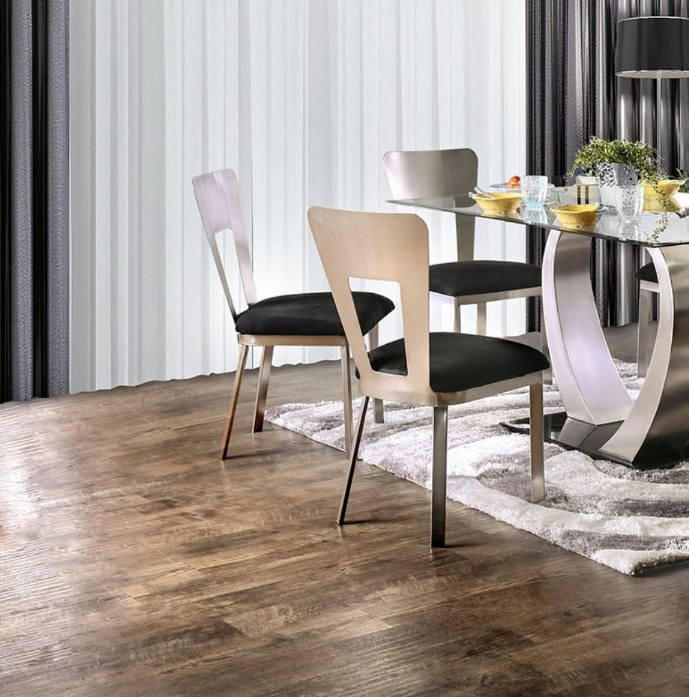 Modern Silver Metal 2-Piece Dining Chair Set with Black Microfiber Upholstery - Keyhole Back Design & Satin Powder Coating - Perfect for Kitchen, Dining Room, or Breakfast Nook Seating
