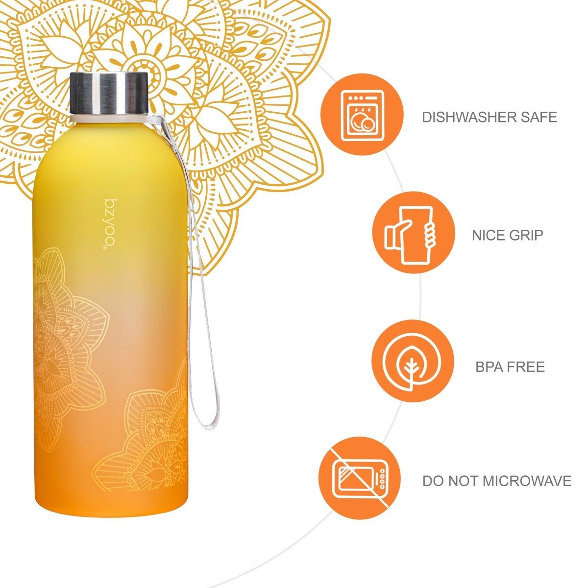 32oz La La Mandala Time Marker Tritan Water Bottle with Carrying Strap - Ombre Orange | BPA-Free Leakproof Sports Water Bottle for Gym, Yoga, Hiking & Outdoor Activities
