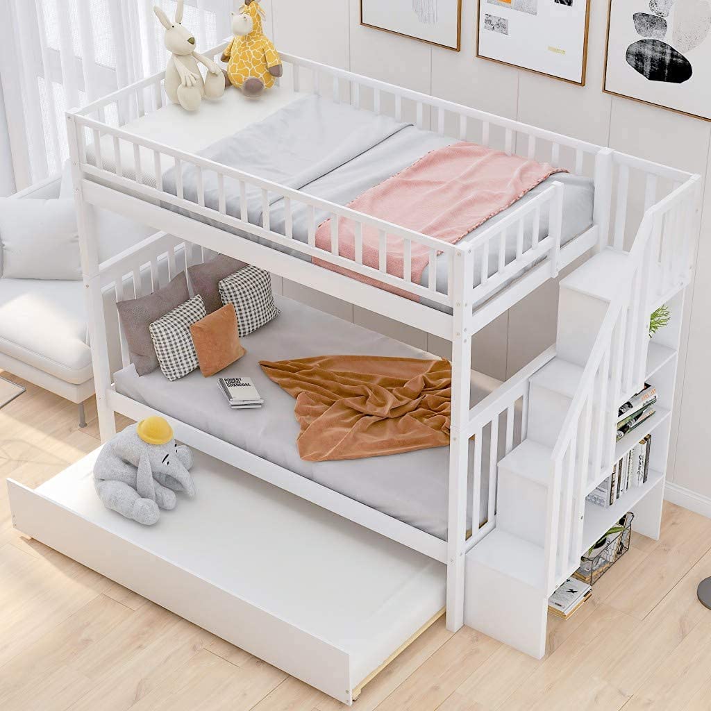 Harper & Bright Designs Twin Over Twin Bunk Bed with Trundle, Storage Shelf & Stairway - Solid Wood Kids & Teen Bunk Bed with Full-Length Guard Rail - Perfect for Small Bedrooms, Shared Kids Rooms & Sleepovers (White)