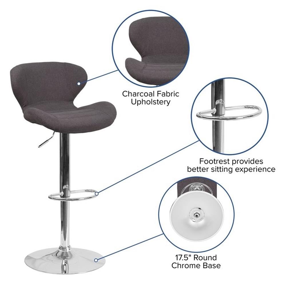 Premium Black Adjustable Bar Stools Set of 2 - Modern Charcoal Fabric Counter Height Stools for Kitchen Island, Breakfast Nook & Home Bar