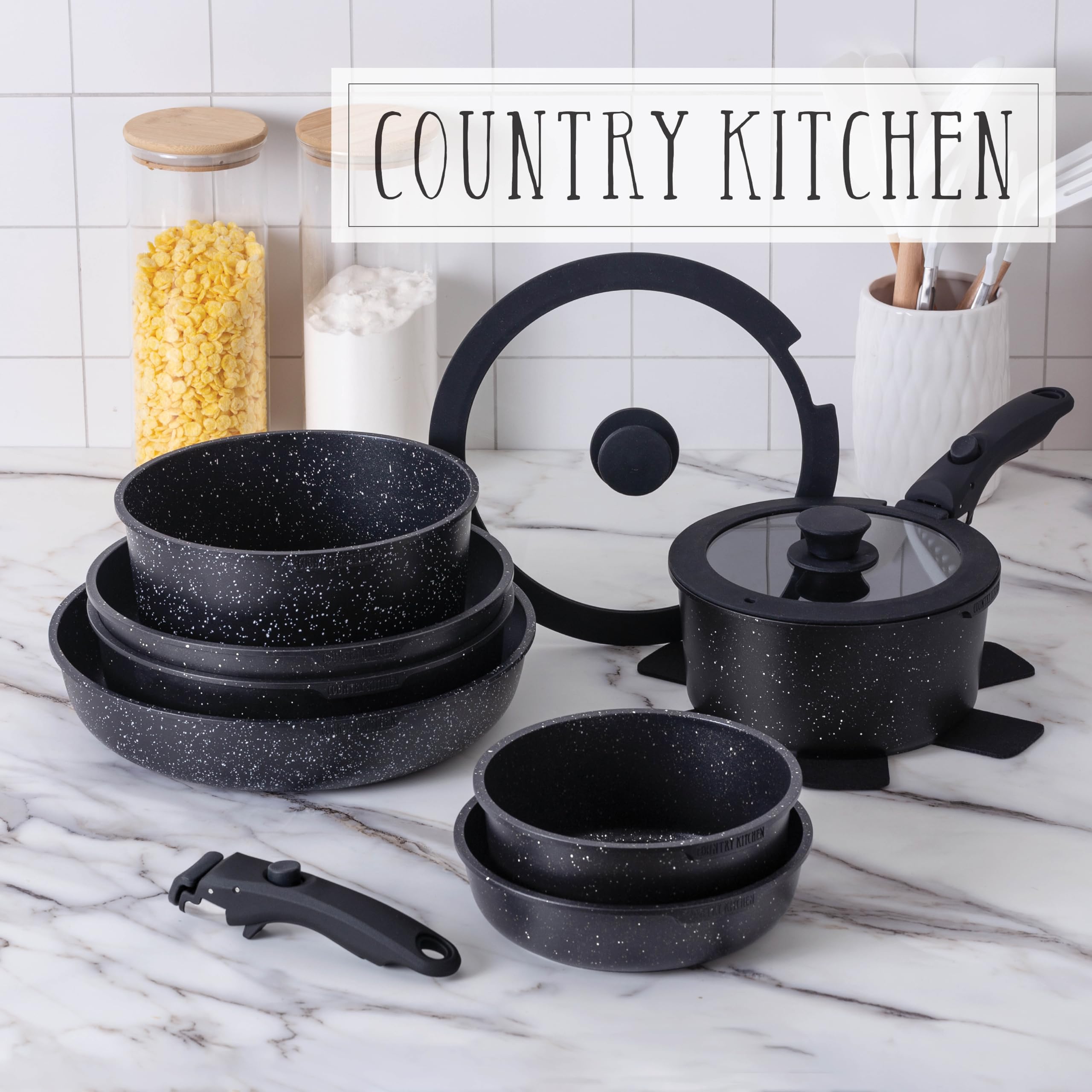 Premium Black Country Kitchen Cookware Set - 12-Piece Nonstick Pots & Pans with Removable Oven-Safe Handles, RV & Camping Friendly - Perfect for Home Cooking, Baking & Outdoor Adventures