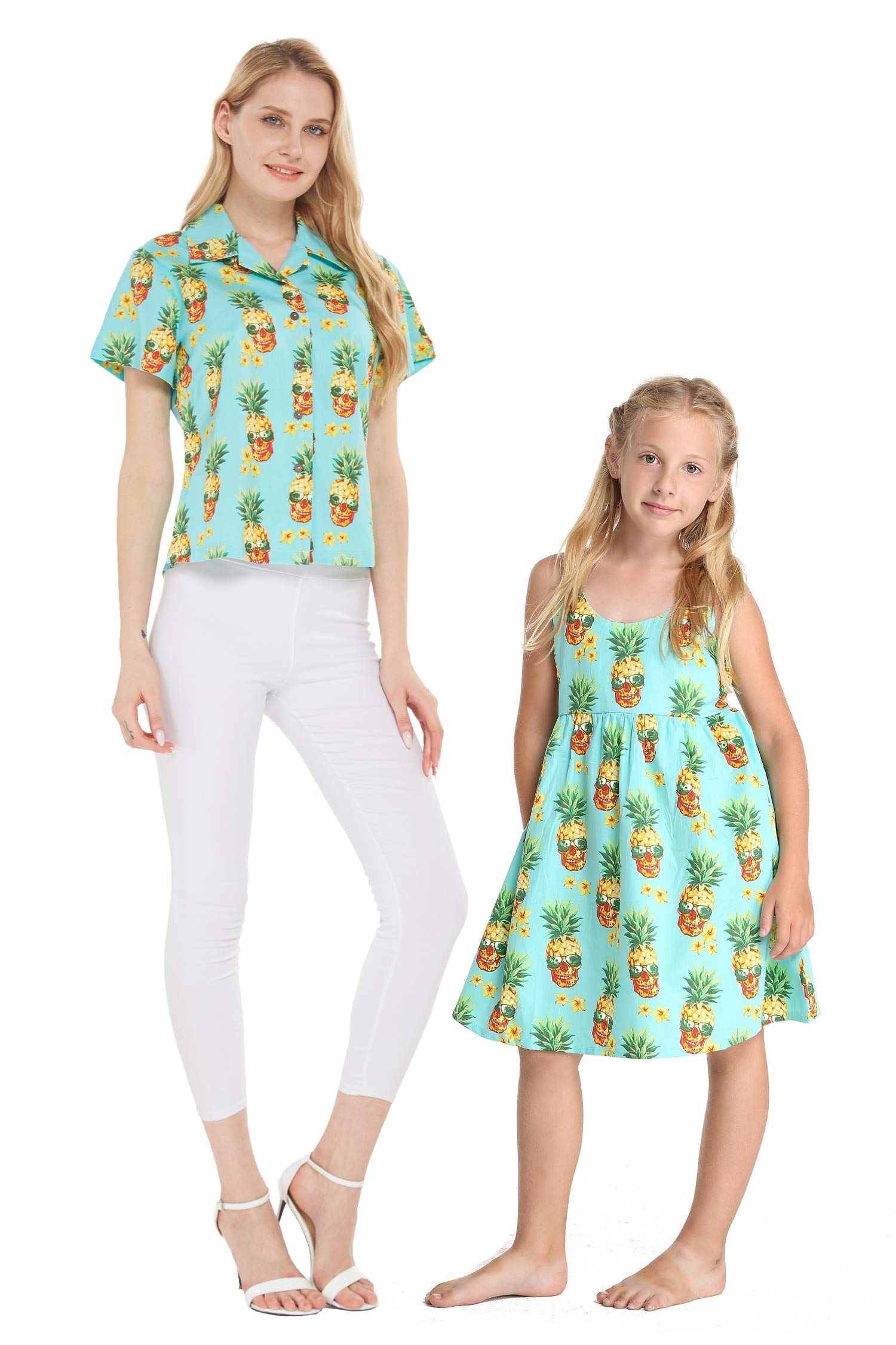 Hawaiian Luau Matching Mother Daughter Aloha Shirt & Dress Set - Classic Hibiscus Blue Floral Print - Perfect for Family Vacations, Beach Parties, and Summer Outfits