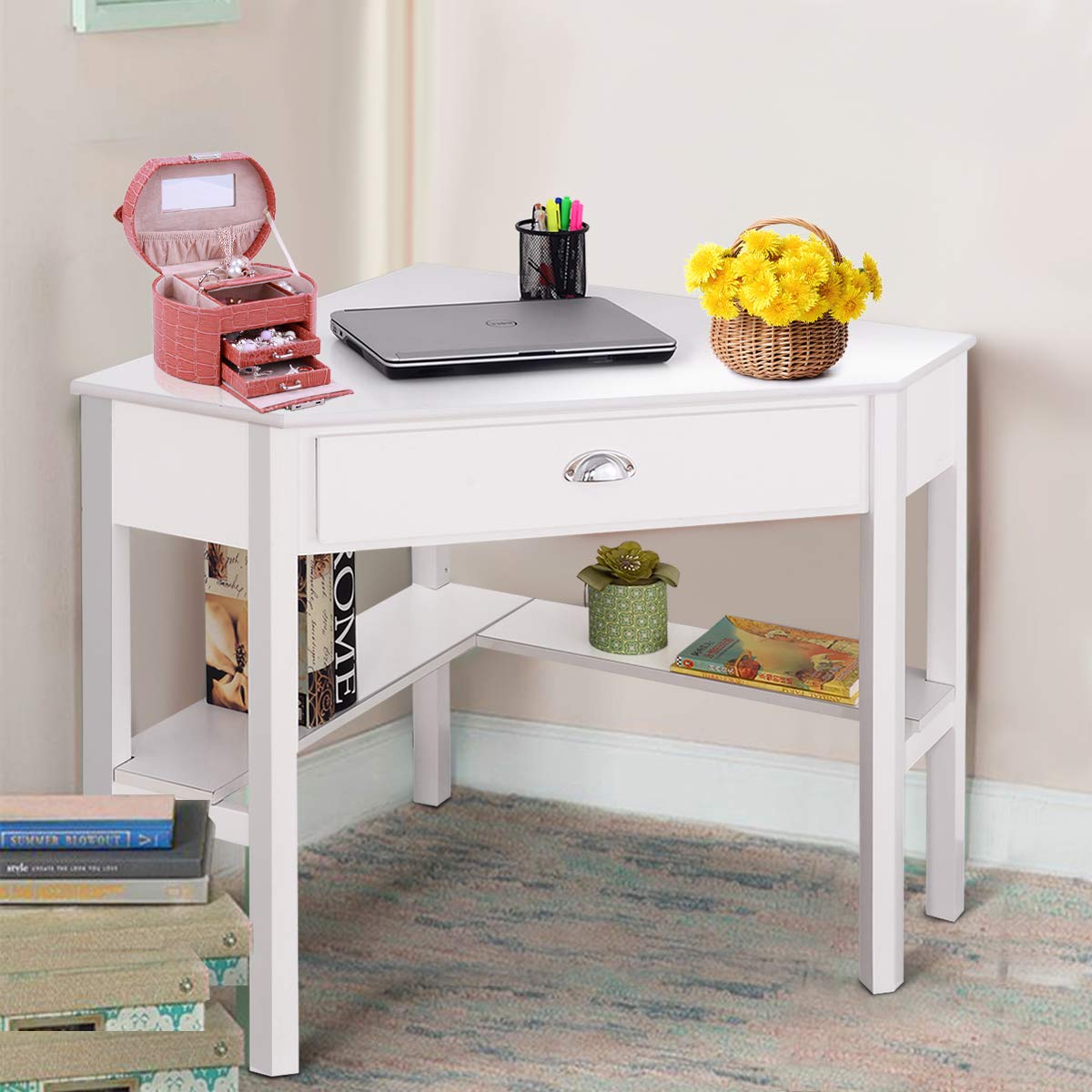 RELAX4LIFE Corner Computer Desk with Drawer & Shelves - Sturdy Triangle Laptop PC Table for Home Office, Study & Workstation - Perfect for Small Spaces & Modern Workspaces (White)