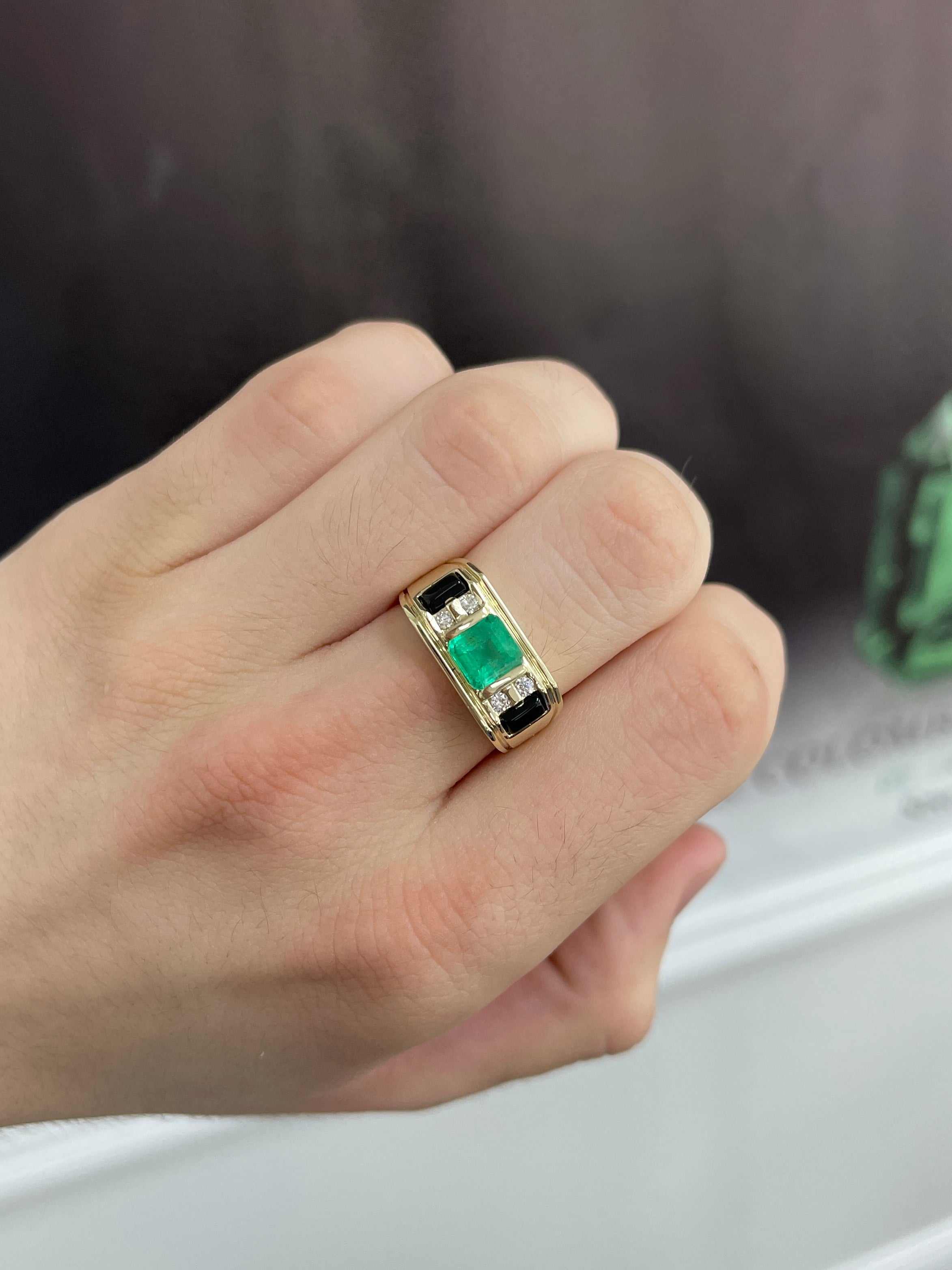 3.07 TCW Natural Colombian Emerald & Black Onyx Diamond Ring for Men in 14K Gold - Perfect for Weddings, Anniversaries & Special Occasions