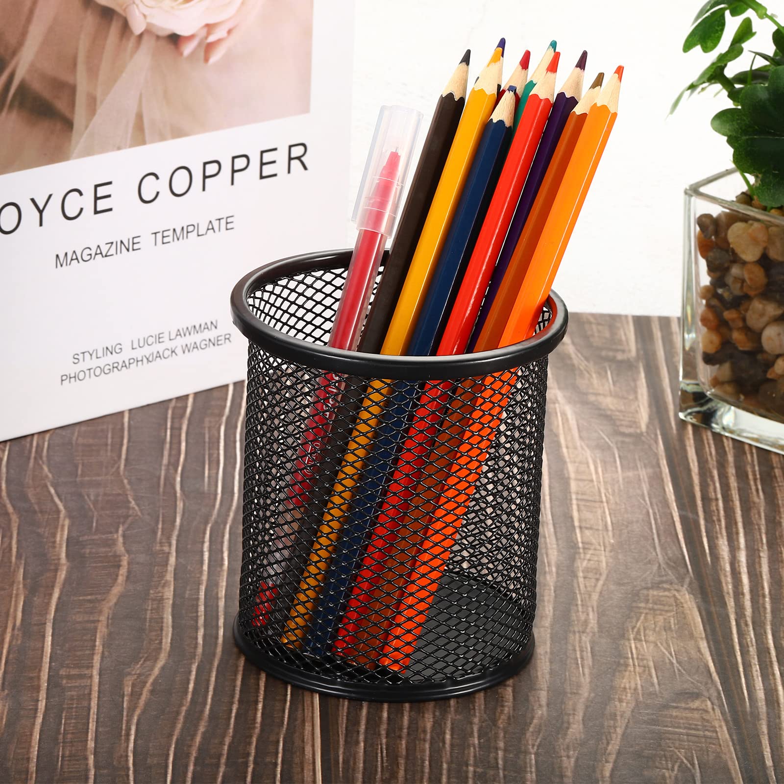 PATIKIL Mesh Pen Holder Organizer - Black Round Pencil Cup for Desk, Locker & Makeup Brushes | Office, School & Vanity Storage Solution