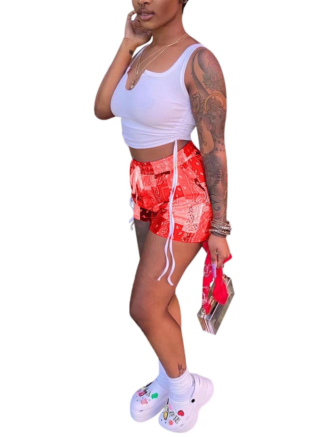 Women's Sexy Patchwork 2-Piece Outfit with Drawstring Crop Top & Printed Shorts Set | Clubwear, Streetwear & Summer Party Outfit