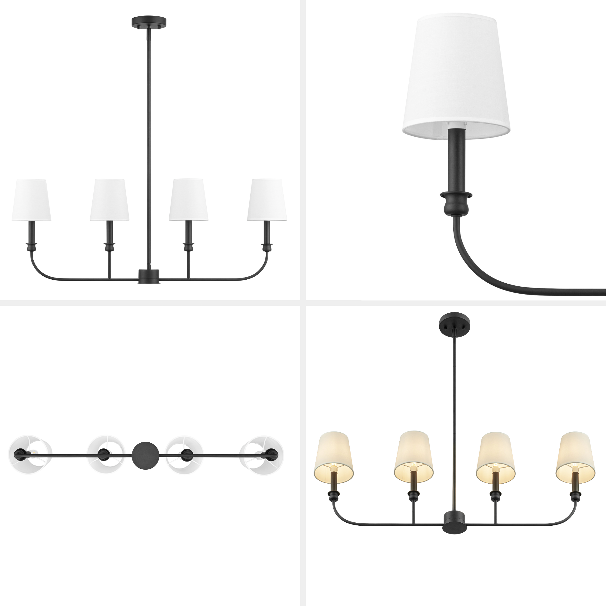 4-Light Billet Linear Chandelier in Matte Black with Fabric Shades - Modern Dining Room Lighting for Kitchen Island, Living Room & Bedroom