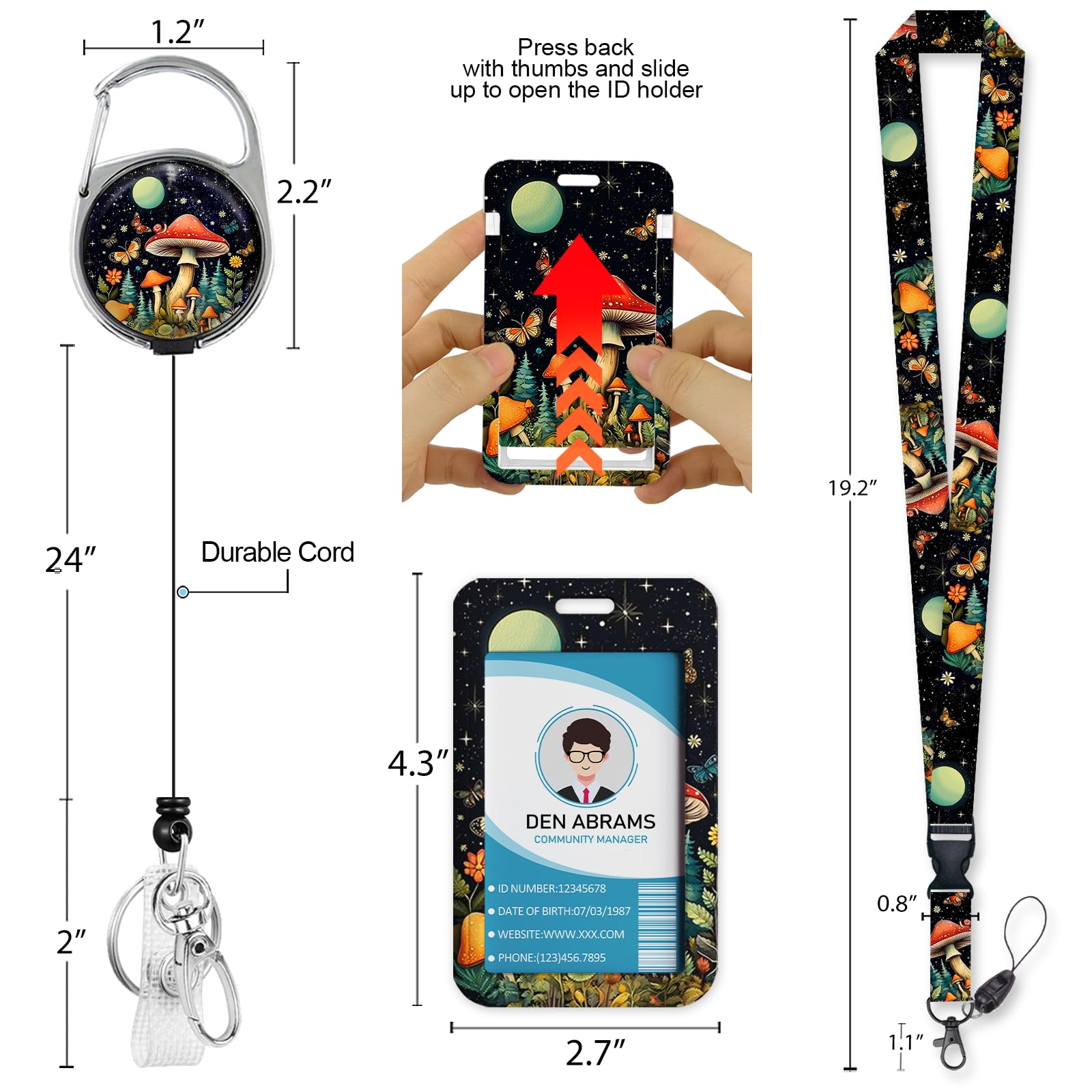 Retractable ID Badge Lanyard for Nurses, Teachers & Students - Mushroom Design