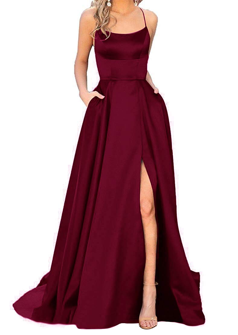 YMSHA Women's Long Prom Dresses 2023 - Elegant Satin A-Line Formal Evening Gown with Thigh High Slit & Pockets - Perfect for Homecoming, Wedding Guest, Cocktail Party & Black Tie Events