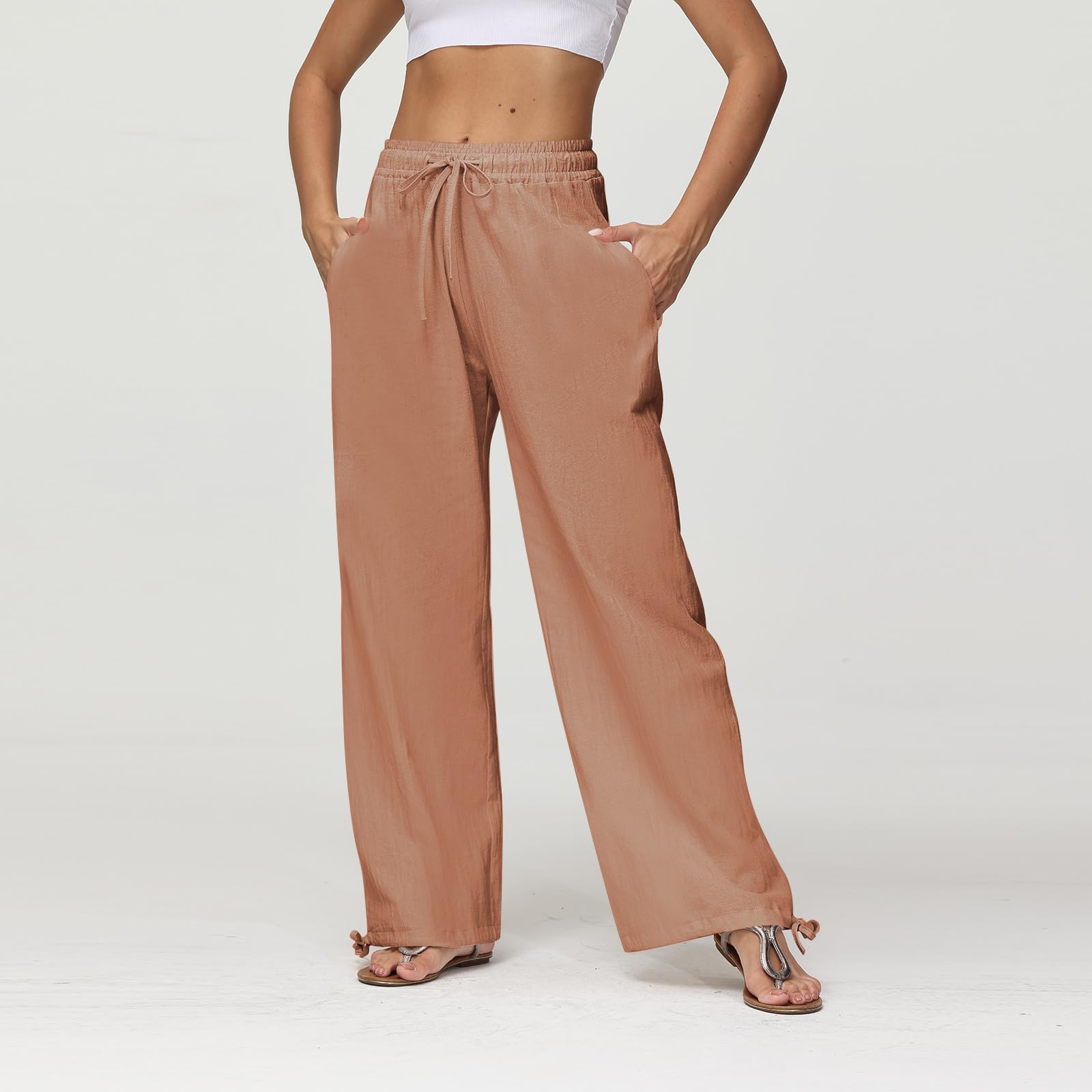 Women's Cotton Linen Summer Pants - Loose Drawstring Waist Palazzo Wide Leg Trousers with Pockets | Casual Comfort for Beach, Travel & Everyday Wear