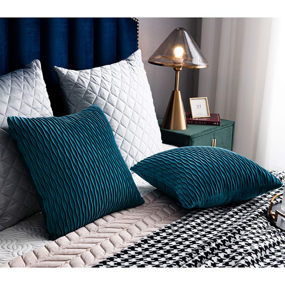 DEZENE Turquoise Throw Pillow Covers 20x20 Inches - 2 Pack Striped Velvet Square Pillow Cases for Farmhouse Couch, Sofa & Bed Decor - Soft Decorative Cushion Covers for Living Room, Bedroom