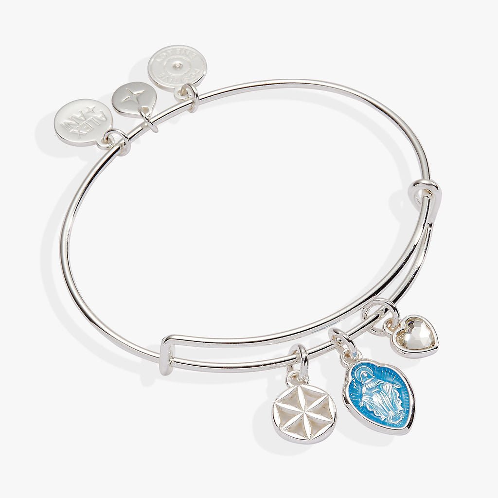 Faith and Family Mother Mary Charm Bangle - Religious Jewelry for Women, Sterling Silver Catholic Bracelet - Perfect for Church, Prayer & Everyday Wear