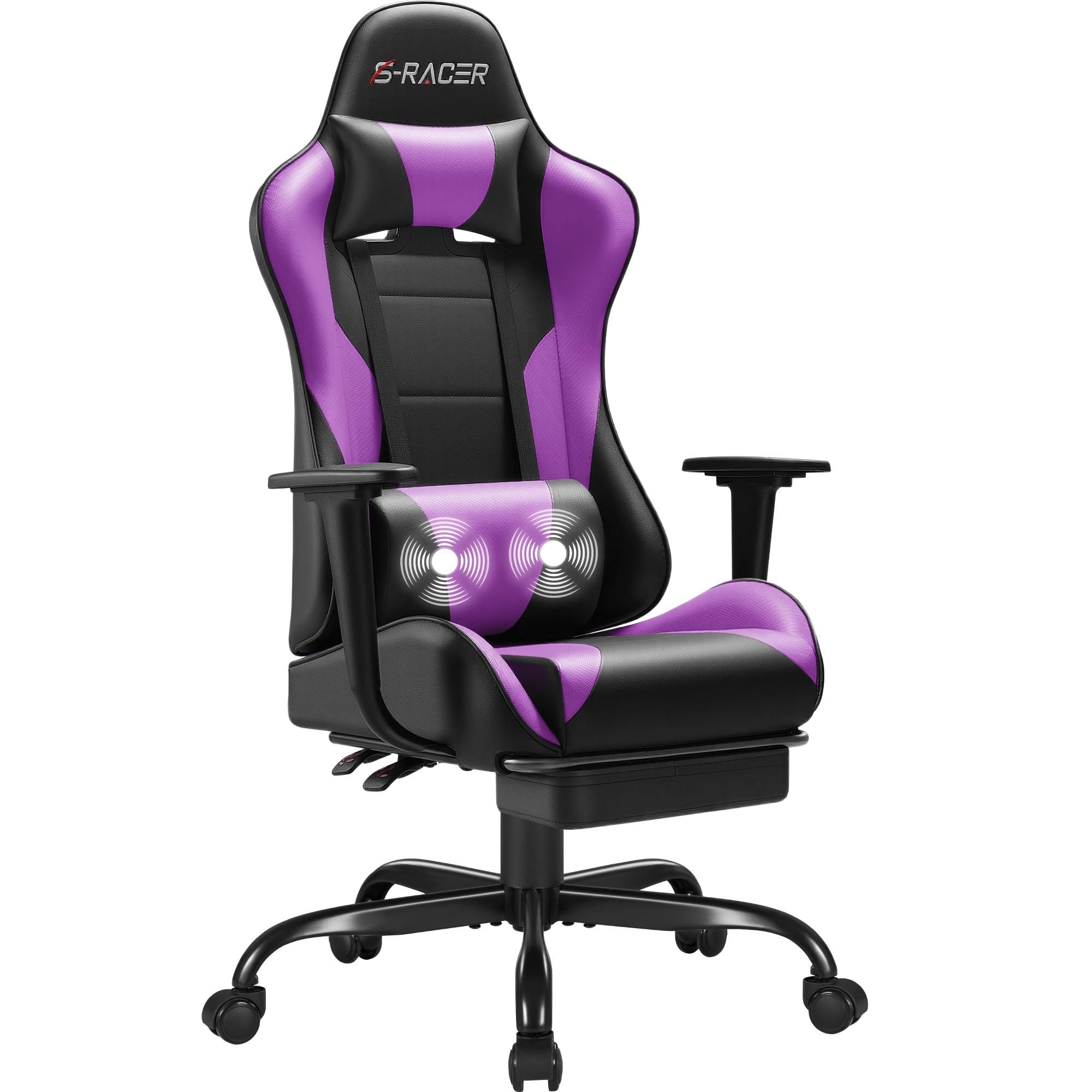 Homall Gaming Chair with Footrest & Lumbar Support - Adjustable Ergonomic Computer Game Chair with Massage, Headrest & 360° Swivel - Purple - Perfect for PC Gaming, Office Work & Home Entertainment