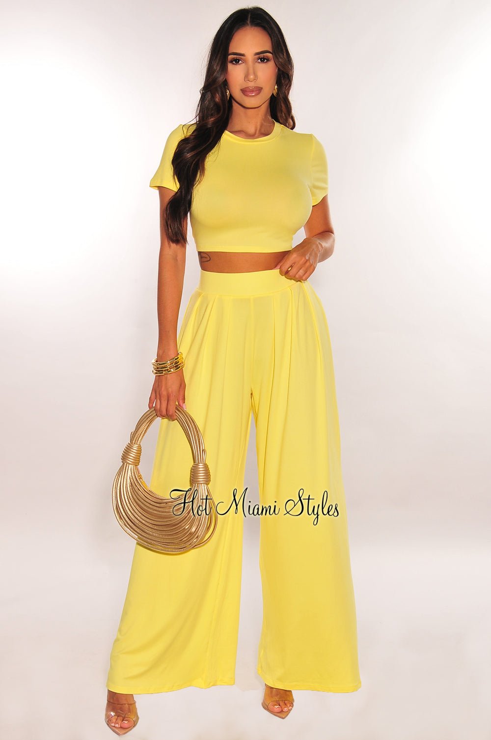 Women's Yellow Short Sleeve Cropped Top & High Waist Pleated Wide Leg Pants Two Piece Set - Summer Casual Outfit for Beach, Vacation & Street Style