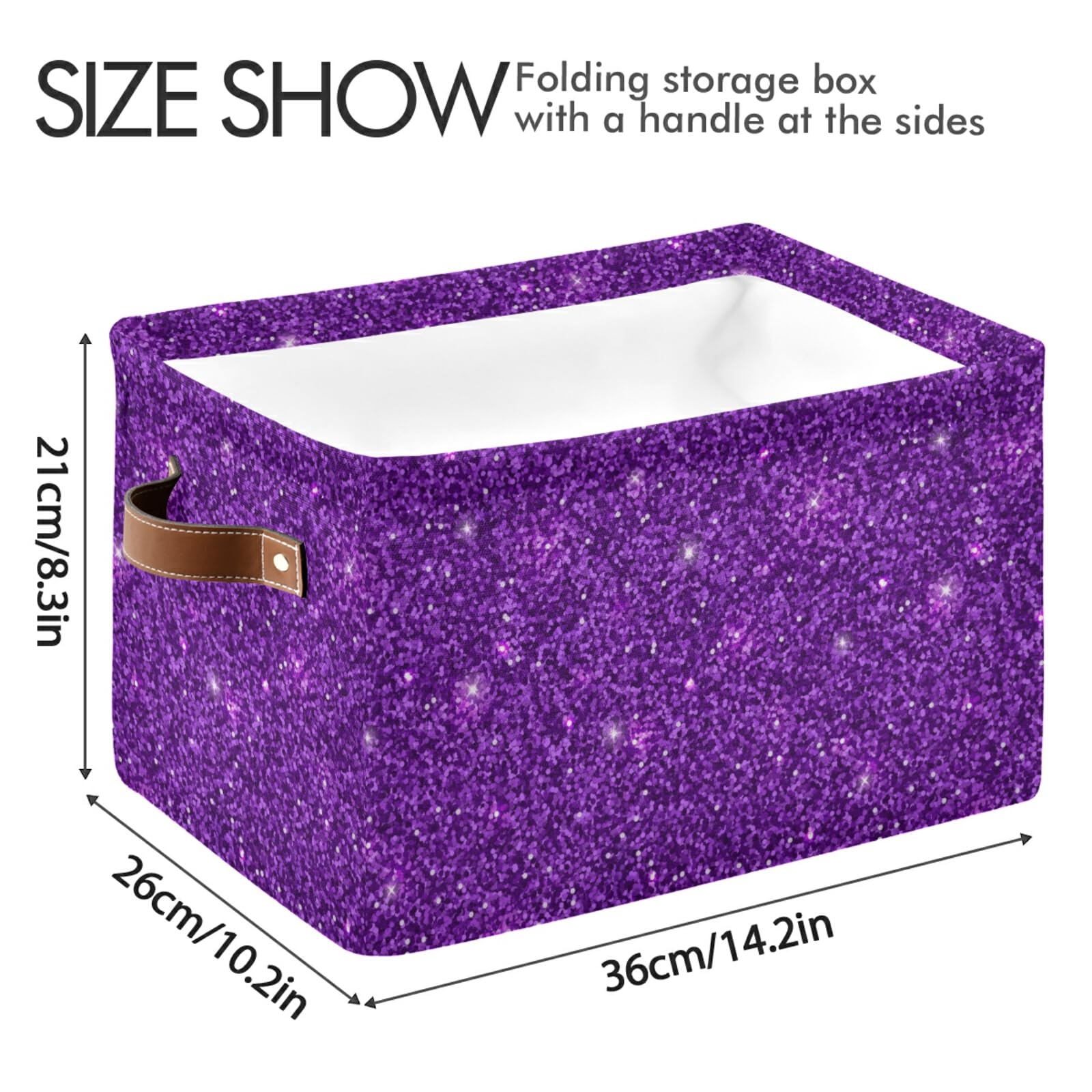Purple Glitter Sequins Foldable Storage Bin with Handles - Collapsible Fabric Storage Basket Cube for Toys, Nursery, Closet, Bedroom & Office Organization - Perfect for Home Decor and Space Saving (1PC)