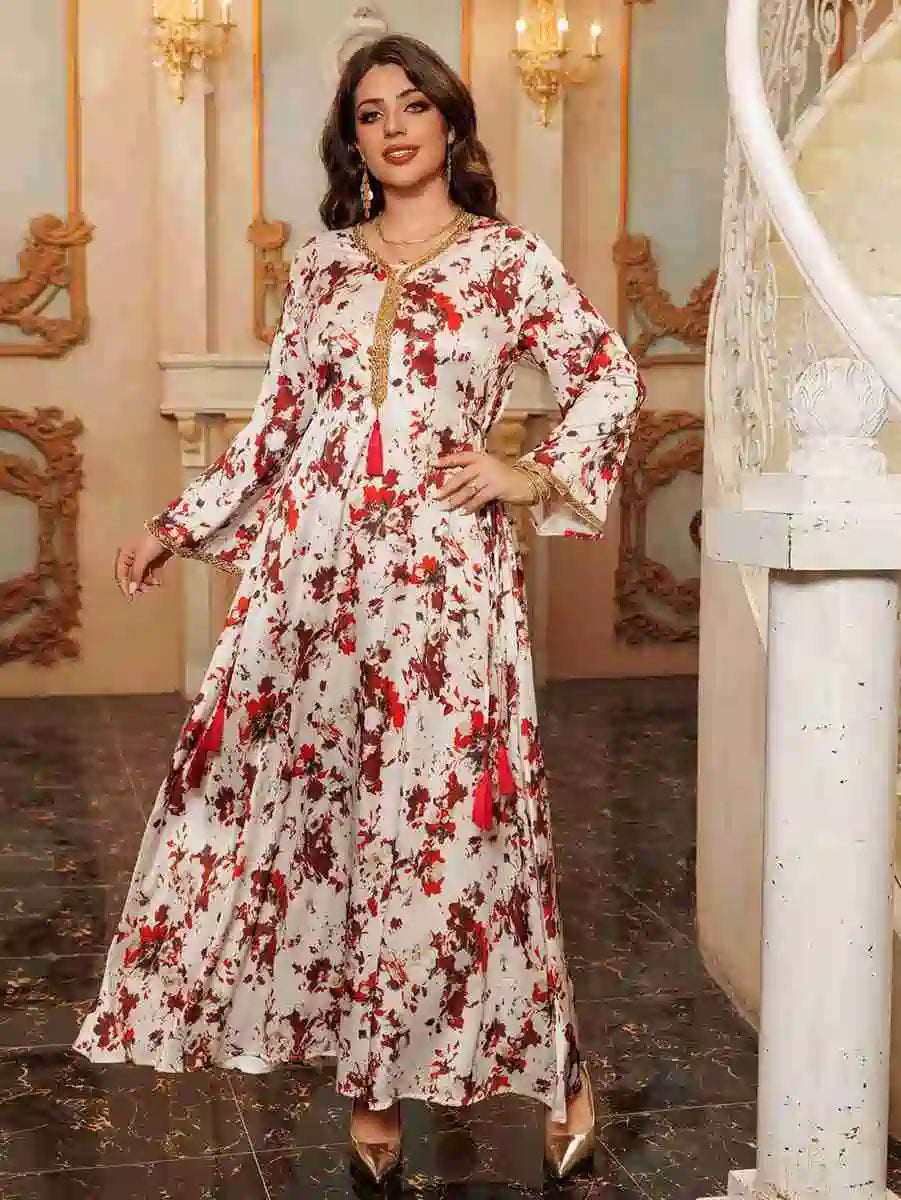 Elegant Eid Printed Caftan Dress for Women - Wedding & Party Wear | Flowy Kaftan Gown for Special Occasions, Festivals & Celebrations