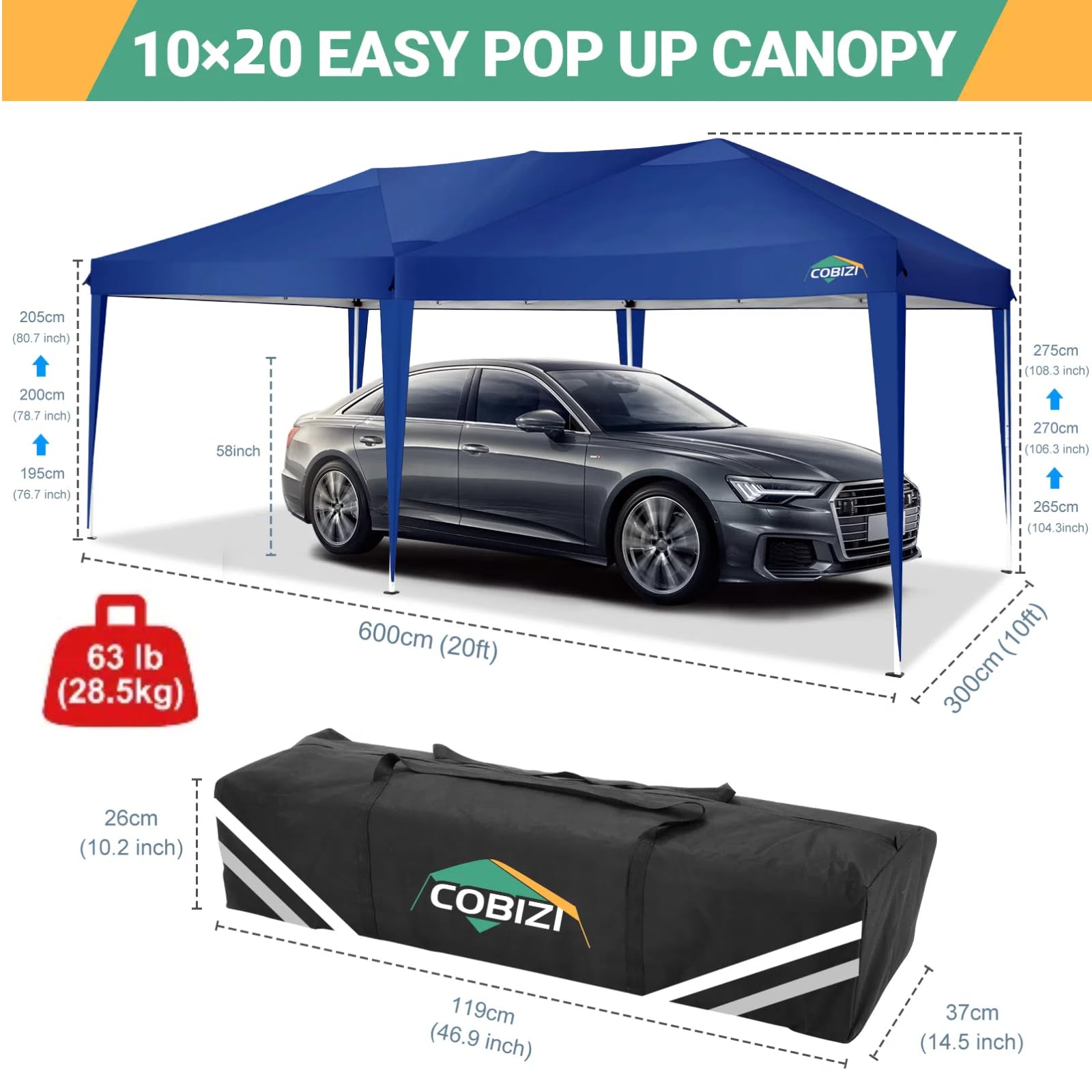 COBIZI 10x20 Pop Up Canopy Tent with 6 Sidewalls - Waterproof Outdoor Event Shelter, UPF 50+ Gazebo for Parties, Beach, Camping & Weddings - Navy Blue Commercial Instant Canopy - Perfect for Backyard BBQs, Farmers Markets & Tailgating