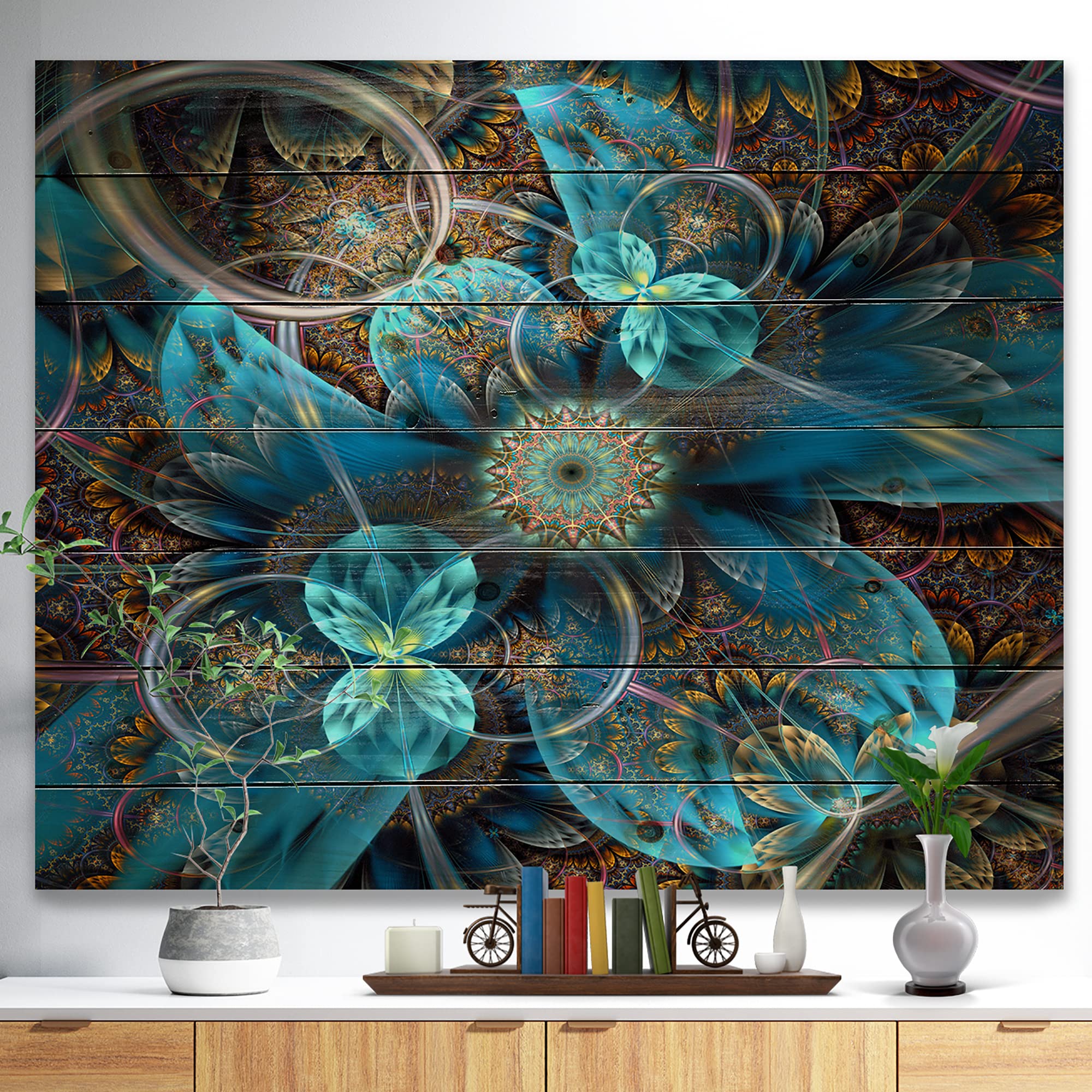 Fractal Blue Flowers Modern Wood Wall Art - Large Floral Wood Panel Decor Printed on Natural Pine - Perfect for Living Room, Bedroom & Office Wall Decoration