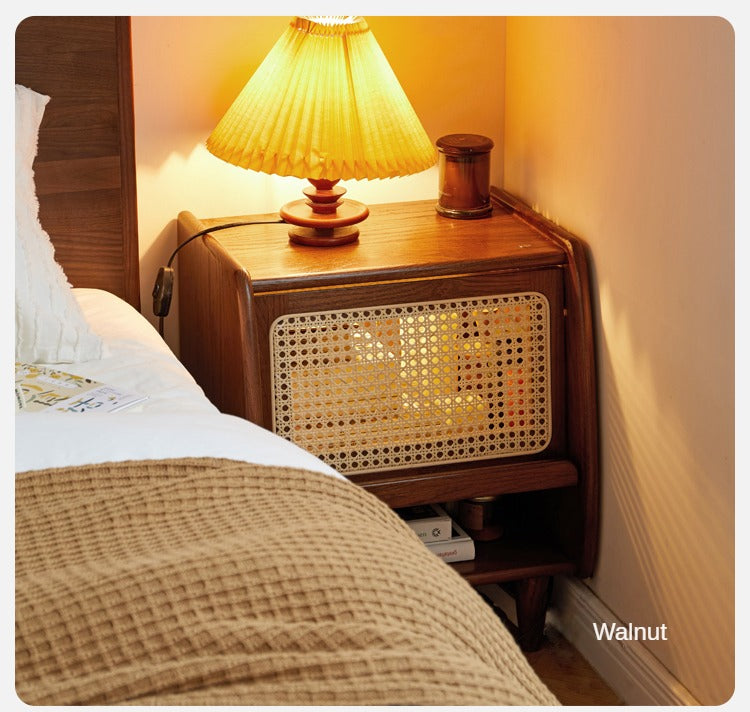Solid Oak Wood Nightstand with Rattan Accents - Stylish Bedside Table for Bedroom Decor, Living Room, or Guest Room