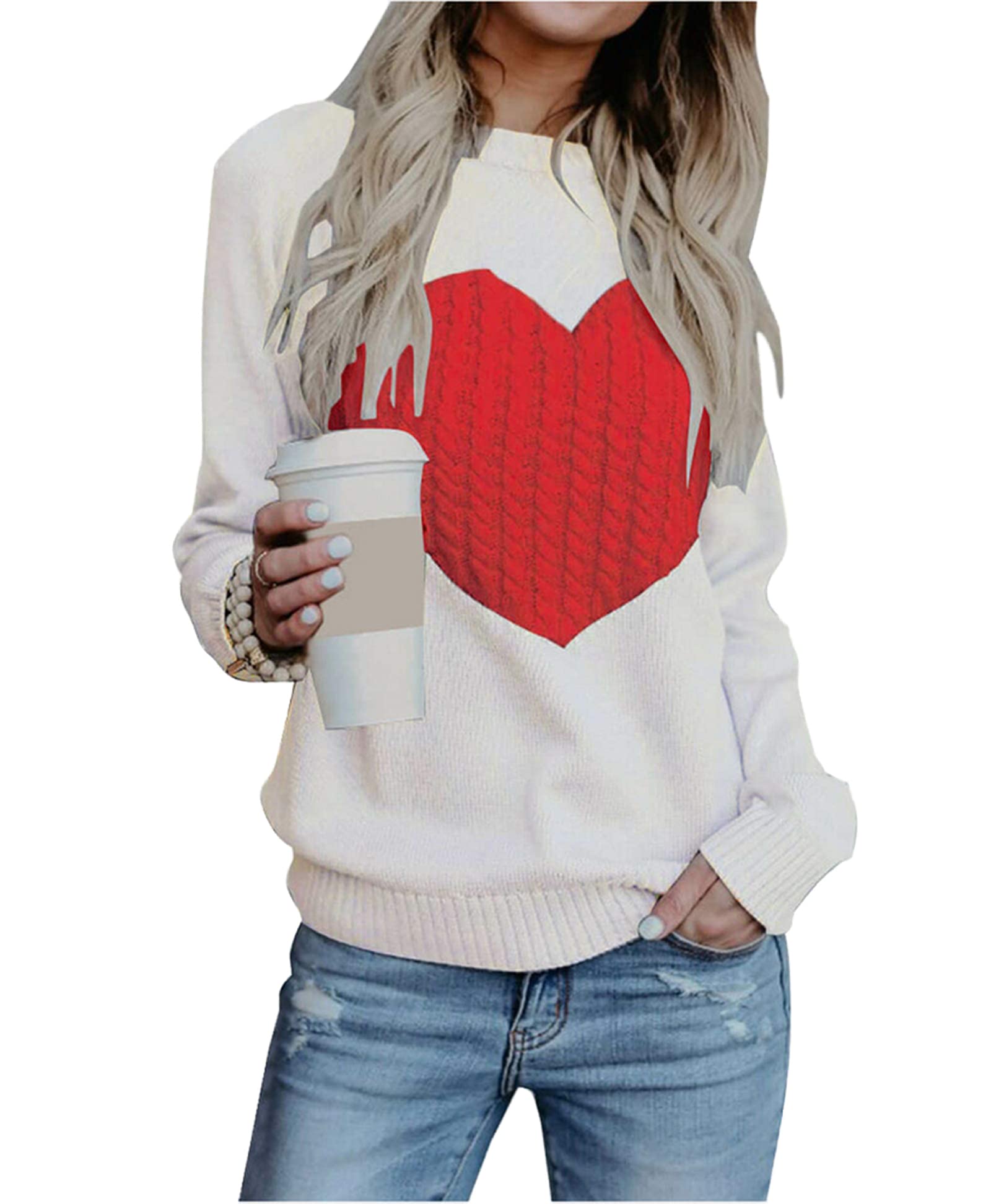 CORIRESHA Women's Cute Heart Love Pullover Sweater - Patchwork Long Sleeve Knitted Jumper Top for Casual Wear, Date Night & Winter Fashion