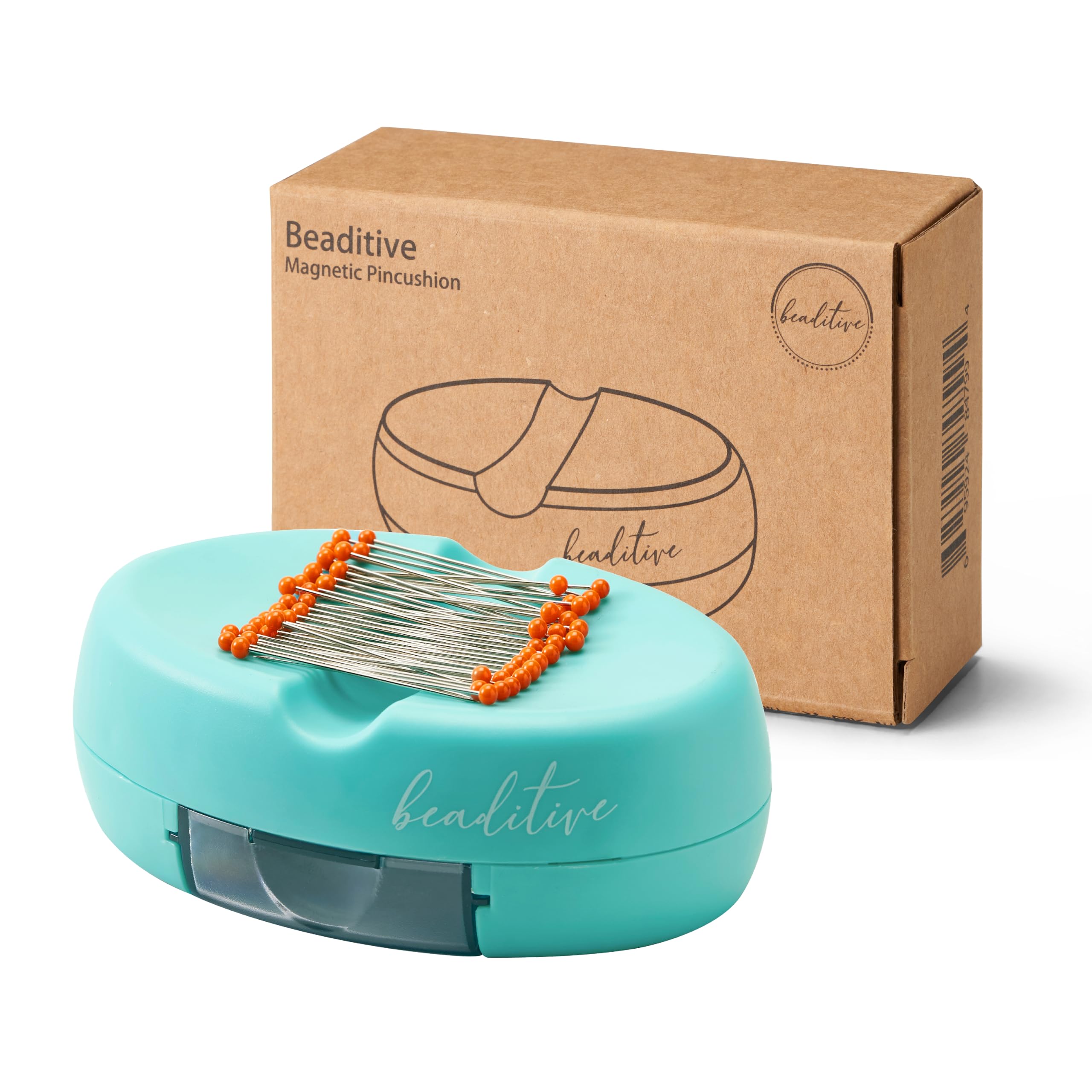 Beaditive Magnetic Pin Cushion with Drawer - Strong Magnet Pin Holder for Sewing & Quilting - 50 Glass Head Pins Included - Organize Sewing Pins, Needles, Paper Clips & Small Tools - Perfect for Crafting, DIY Projects & Home Organization (Turquoise)