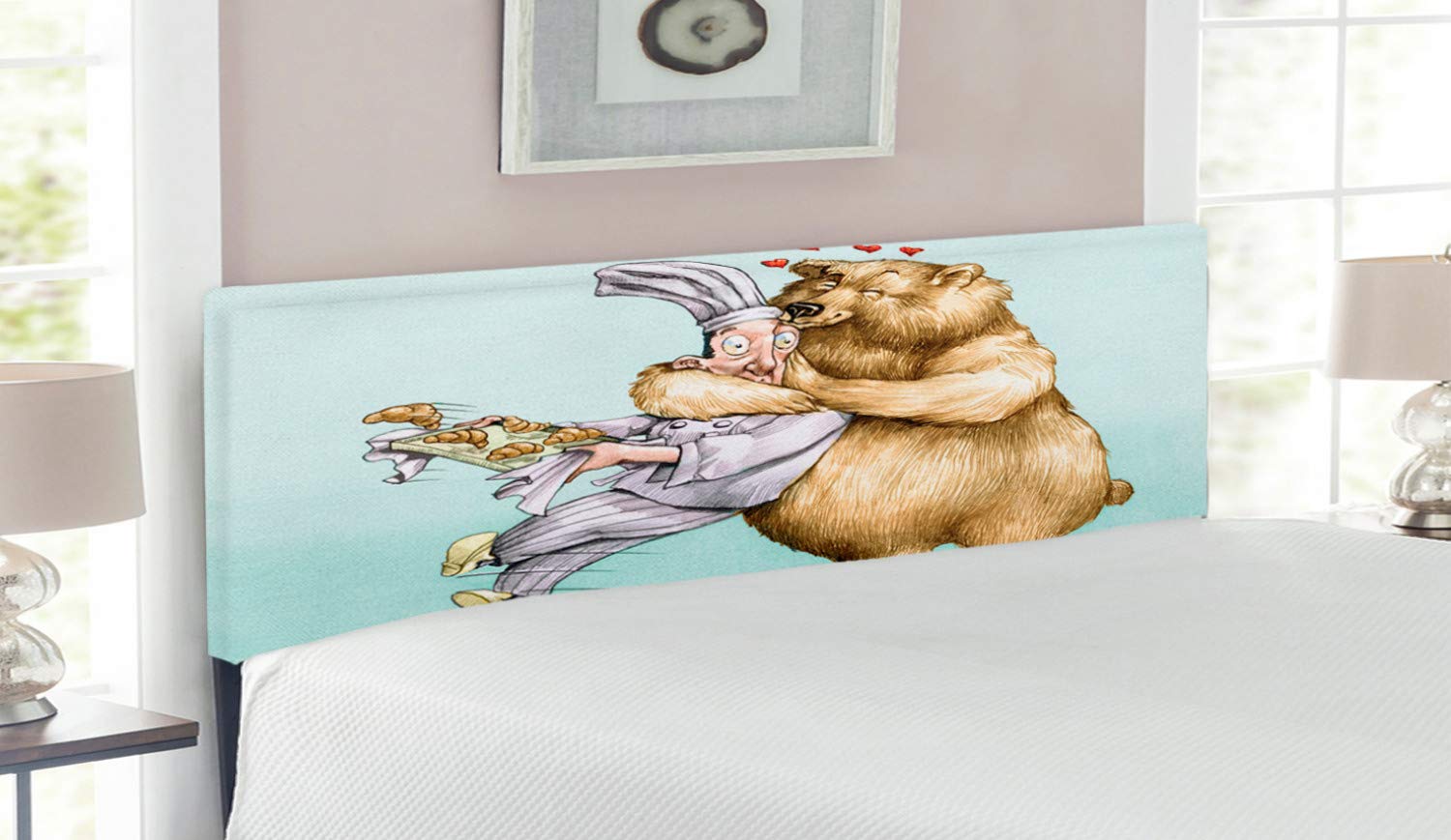 Lunarable Cartoon Headboard - Big Bear Hugging Pastry Animal Love Theme, Upholstered Decorative Metal Bed Frame with Memory Foam, Queen Size in Cream Blue Grey | Humorous & Romantic Bedroom Decor for Couples & Kids Rooms