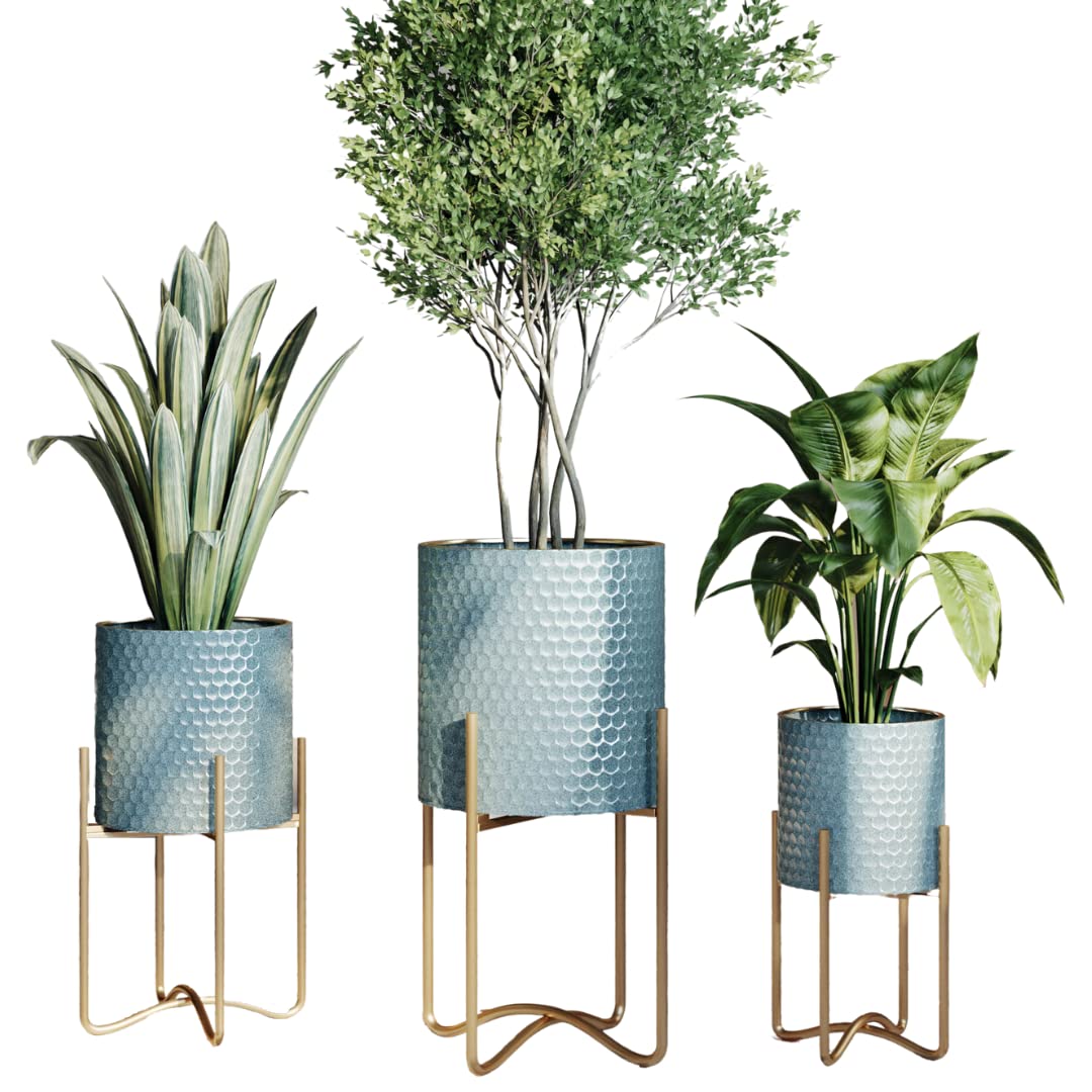 EverNest Mid-Century Modern Rhys Honeycomb Embossed Planter Pot with Ambrose Stand - Set of 3 Metal Indoor Planters in Blue Green Bohemian Style | Perfect for Home Decor, Living Room, Office & Boho Interior Design